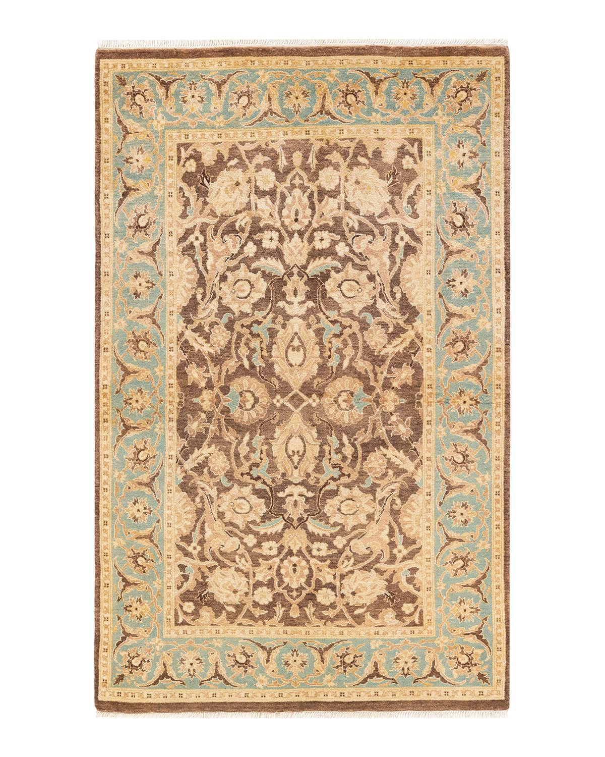 Handmade Traditional Oriental Mogul Brown Wool Area Rug 4x6 - One of a Kind Hand Knotted Solo Rugs for Living Room, Bedroom & Home Decor