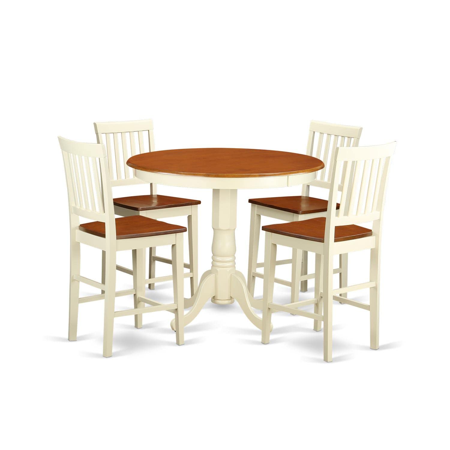 East West Furniture 5-Piece Counter Height Dining Set - 36x36 Inch Round Pedestal Table & 4 Kitchen Chairs in Buttermilk & Cherry - Perfect for Small Kitchens, Breakfast Nooks & Apartment Dining Areas
