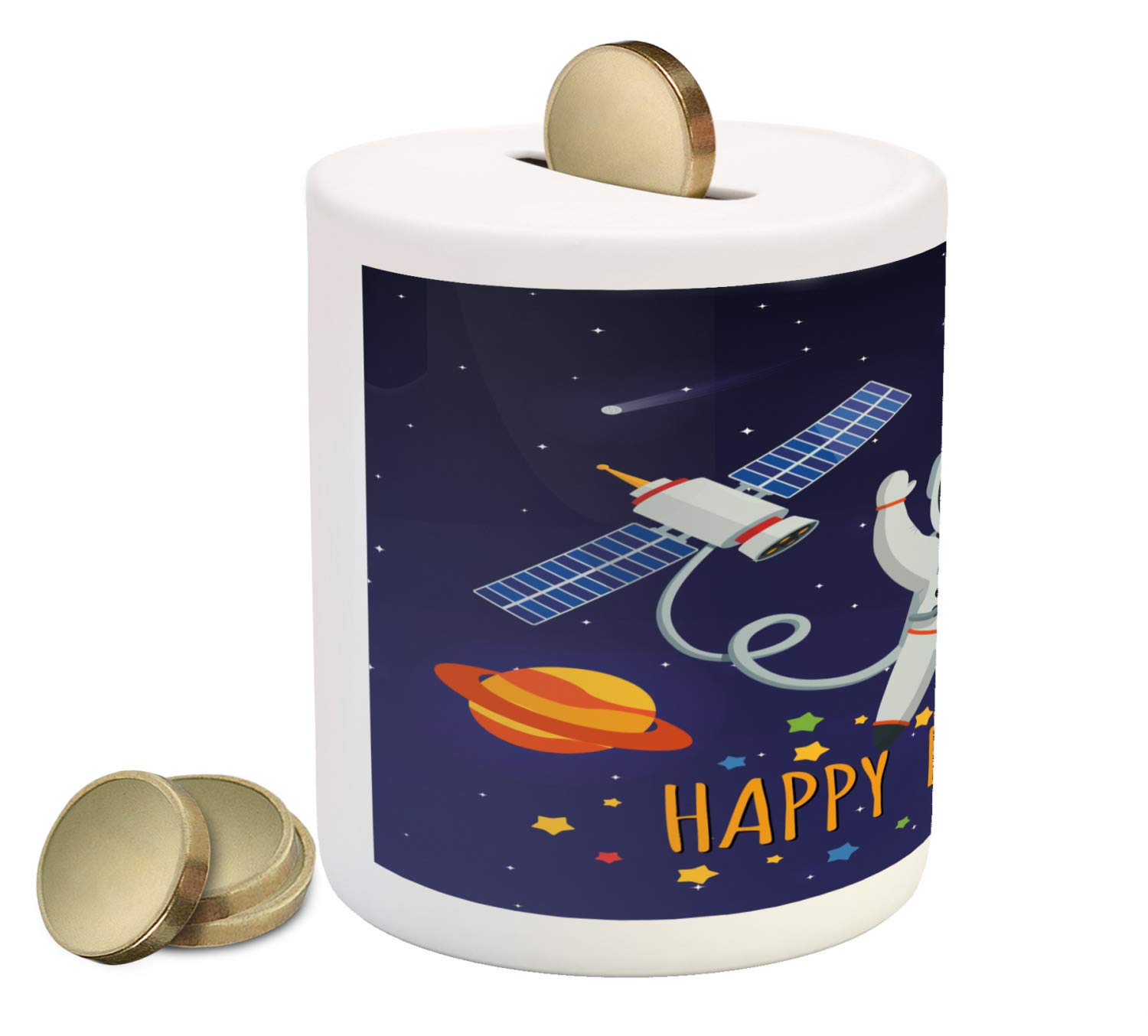 Ambesonne Ceramic Piggy Bank - Astronaut & Balloons Birthday Money Box for Cash Savings | Space Lover Theme Gift | Perfect for Kids' Birthday Parties & Space-Themed Decor