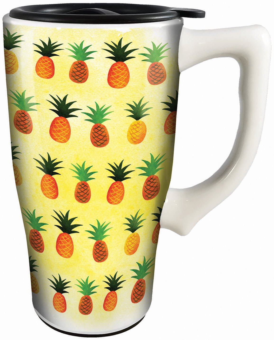 Spoontiques Pineapple Ceramic Travel Mug - 18oz Insulated Coffee Cup with Lid, Yellow & White Design - Perfect for Hot & Cold Drinks, Office, Commute, and Outdoor Adventures