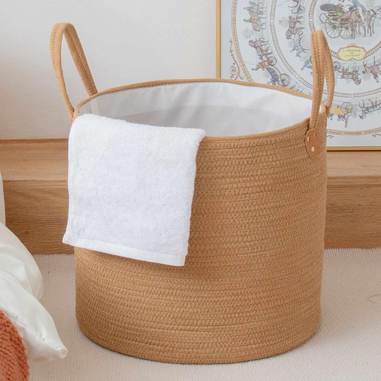 Homlikelan 46L Cotton Rope Woven Storage Basket with Handles - Wicker Laundry Hamper for Clothes, Toys, Blankets & Towels - Multi-Purpose Organizer for Bedroom, Living Room, Bathroom & Nursery (Brown) - Perfect for Home Organization & Decorative Storage