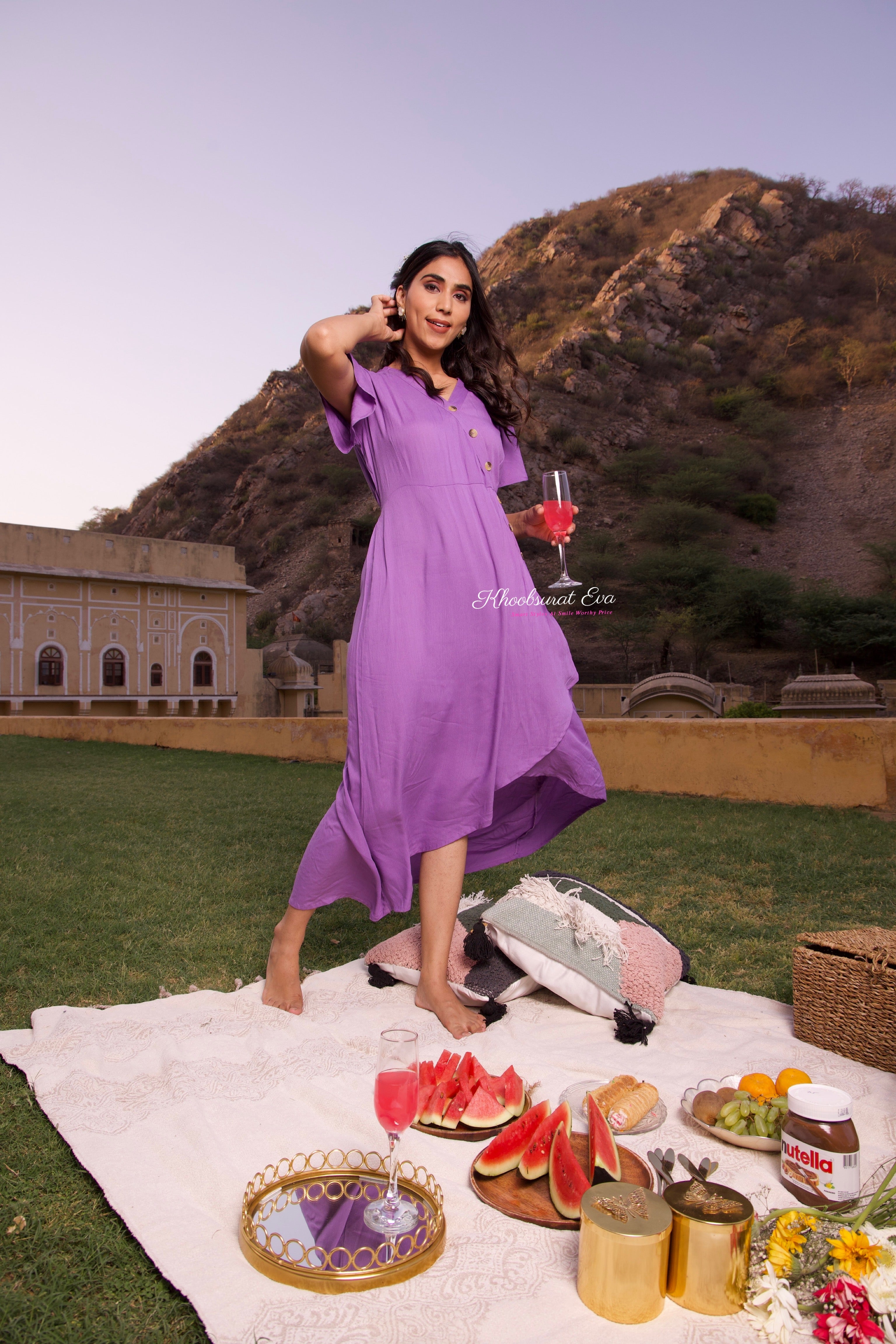 Lavender V-Neck Midi Dress for Women - Flowy Summer Dress with Pockets | Perfect for Beach, Wedding & Casual Outings