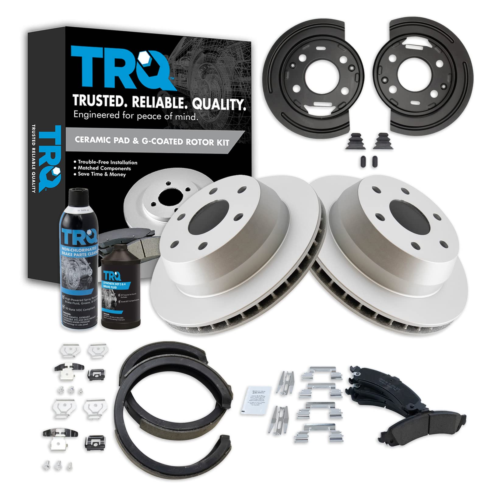 TRQ Rear Ceramic Brake Pads & Coated Rotors with Parking Brake Shoes & Backing Plates - Compatible with GM Vehicles (Chevy, GMC, Cadillac) - Perfect for Truck & SUV Brake System Maintenance