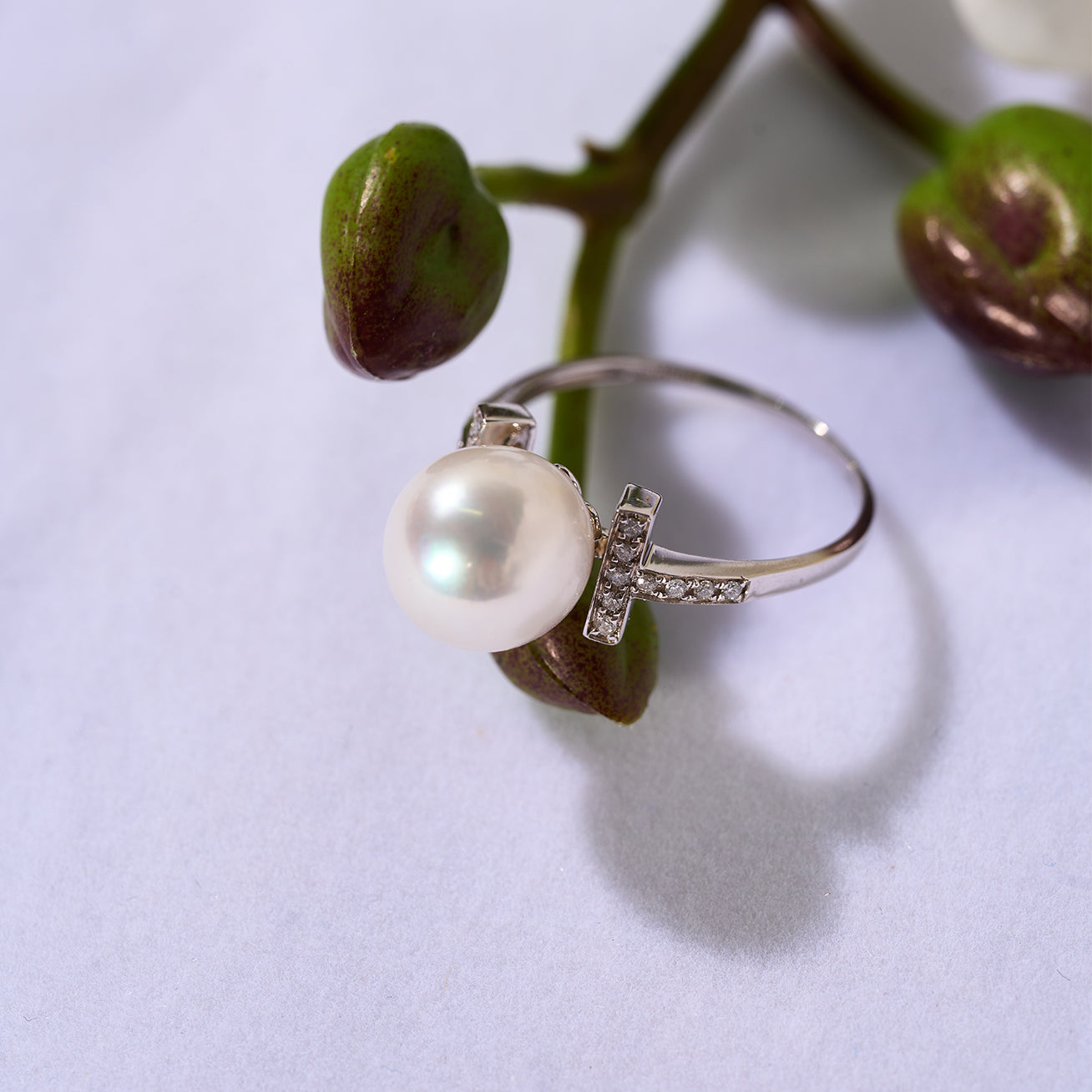 18K Solid Gold Diamond & Top Grade Freshwater Pearl Ring for Women - KR00117 | Elegant Jewelry Gift for Anniversary, Wedding, or Special Occasion