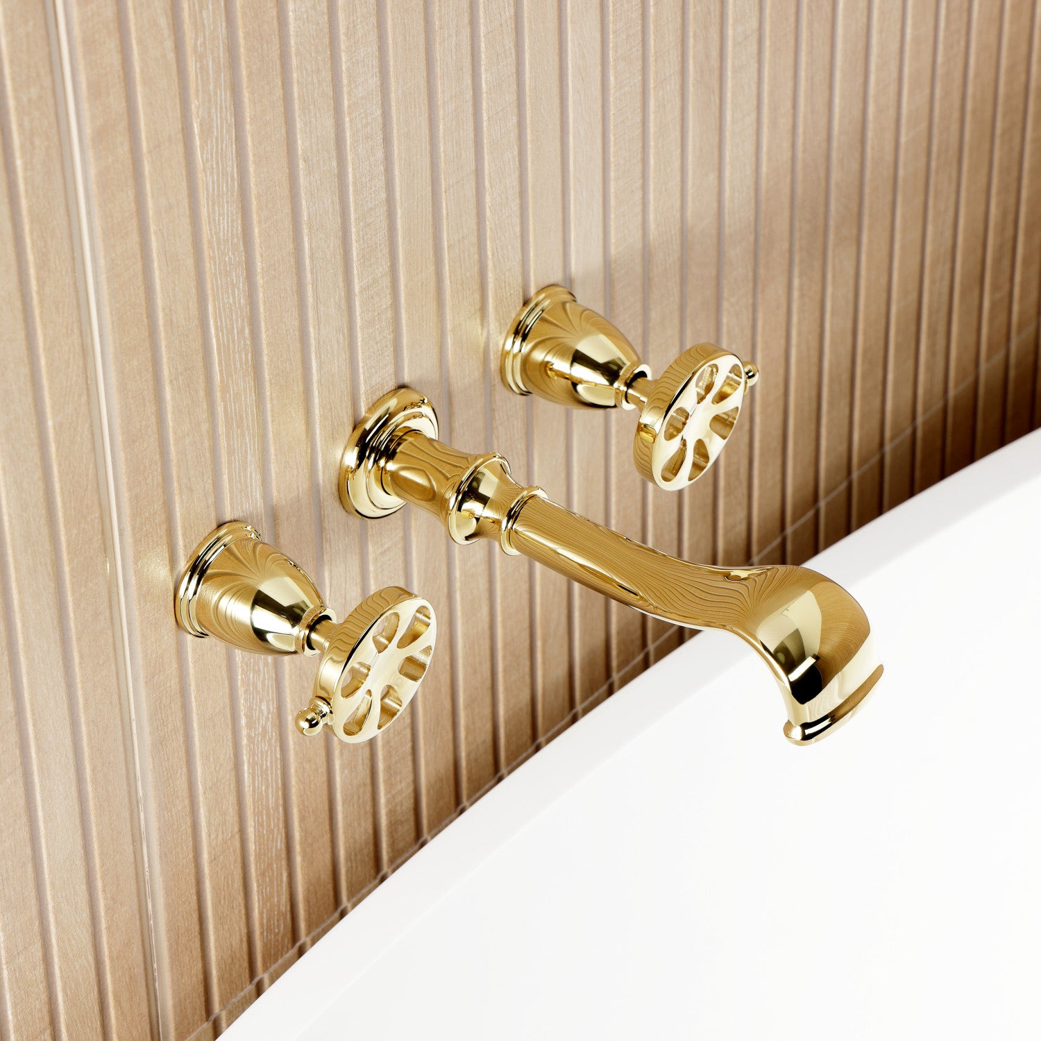 Belknap KS5022RX 3-Hole Wall Mount Roman Tub Faucet with Two Handles - Polished Brass Finish for Bathroom & Spa - Perfect for Freestanding Tubs, Luxury Bathrooms & Home Renovations