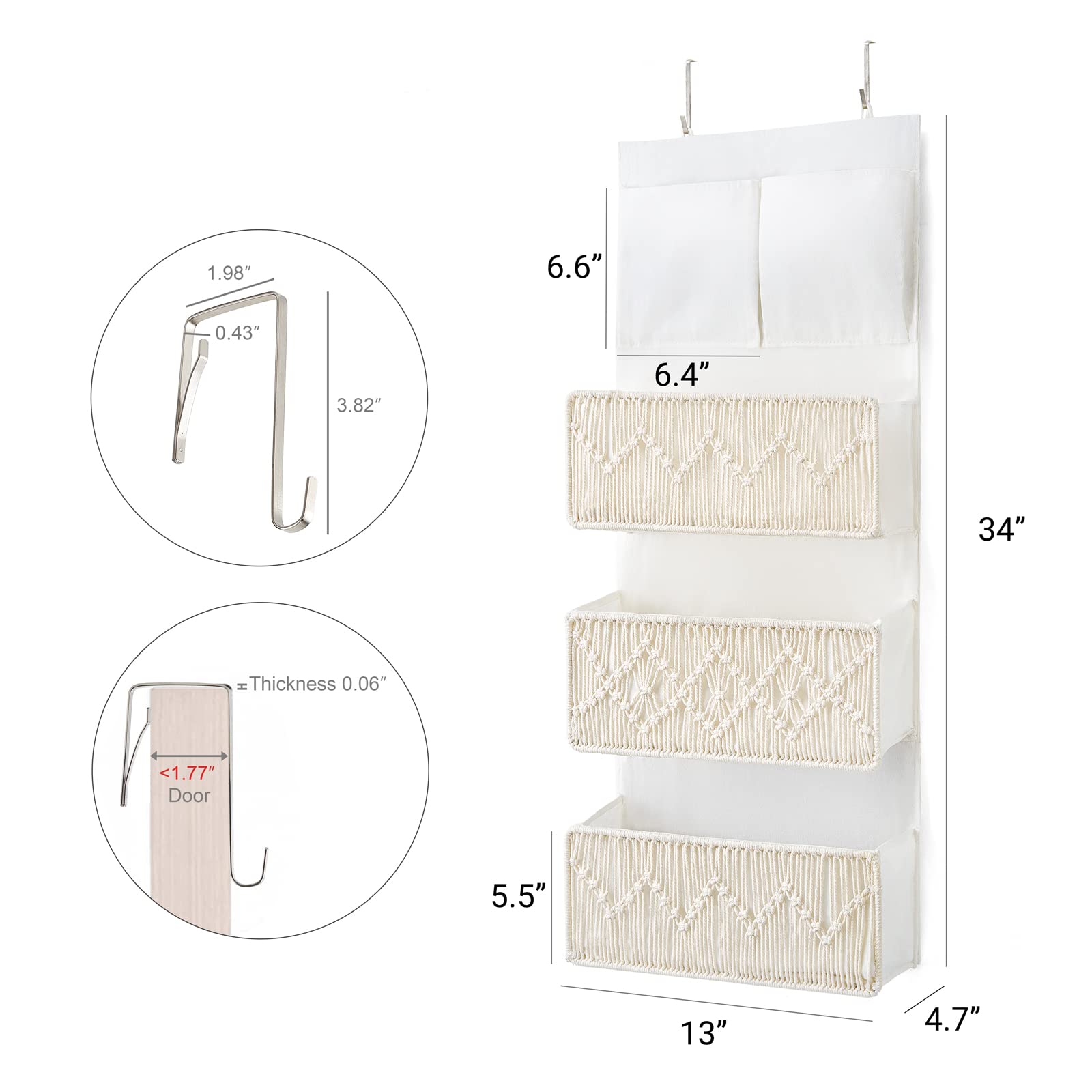 Mkono Macrame Storage Baskets Set of 3 - Boho Chic Over The Door Organizer for Nursery, Bedroom, Closet & Bathroom | Perfect for Dorm Decor, Wall Hanging & Home Organization