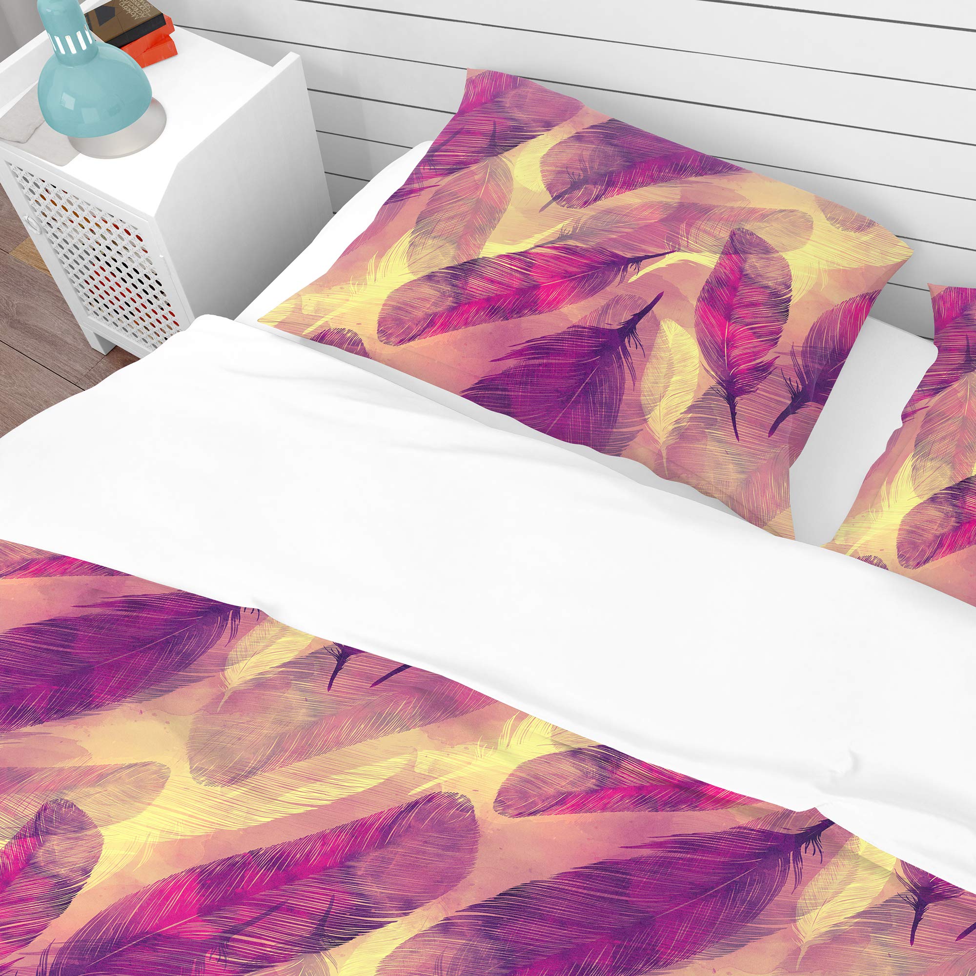 DesignQ Feathers Boho Pattern Modern & Contemporary Duvet Cover Set - King Size 3-Piece Bedding in Purple | All-Season Luxury Bedding for Bohemian & Modern Bedrooms