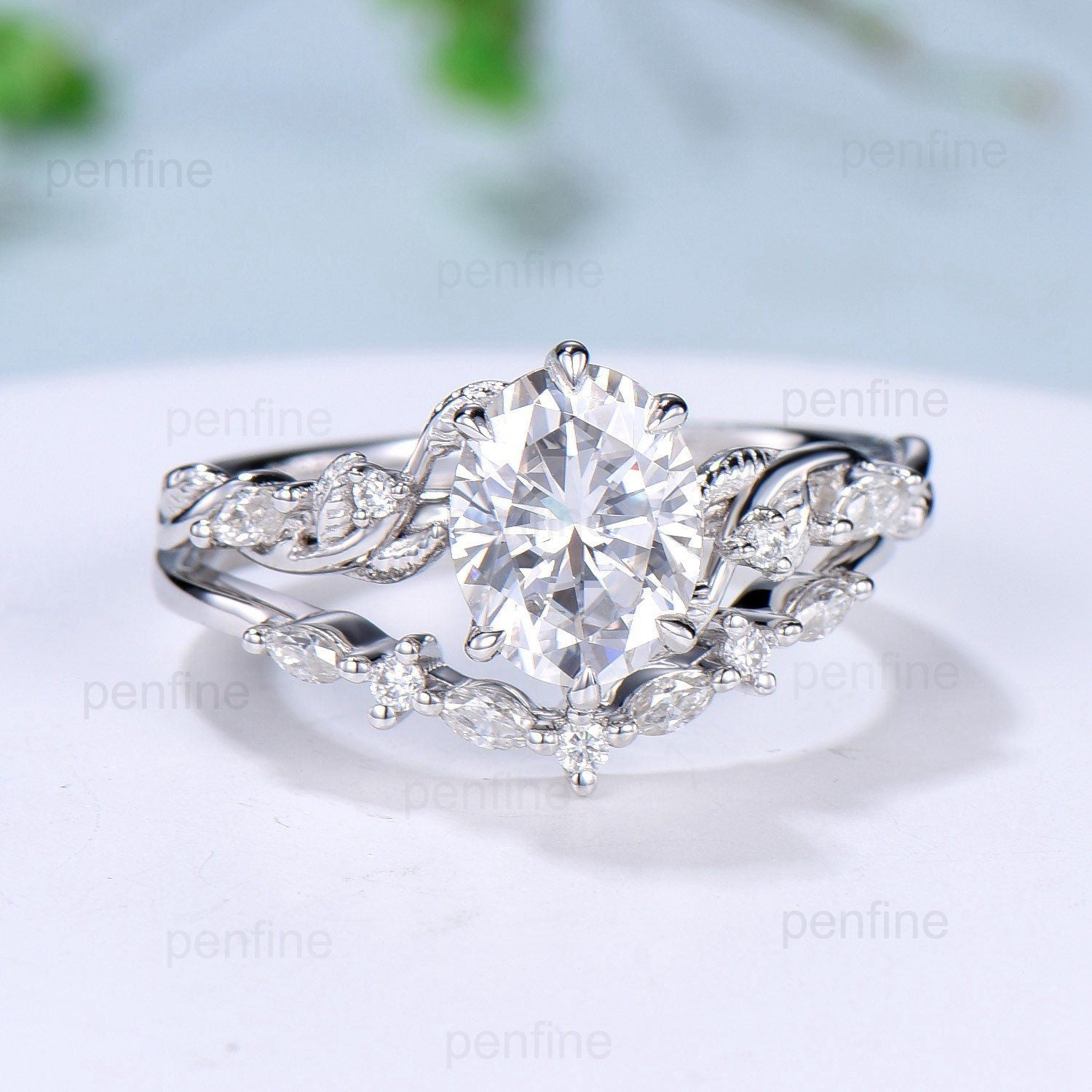 2Ct 7x9mm Oval Moissanite Engagement Ring Set - Nature Inspired Rose Gold Leaf Vine Wedding Band - Handmade Proposal Gift for Her - Perfect for Anniversary, Valentine's Day & Bridal Jewelry