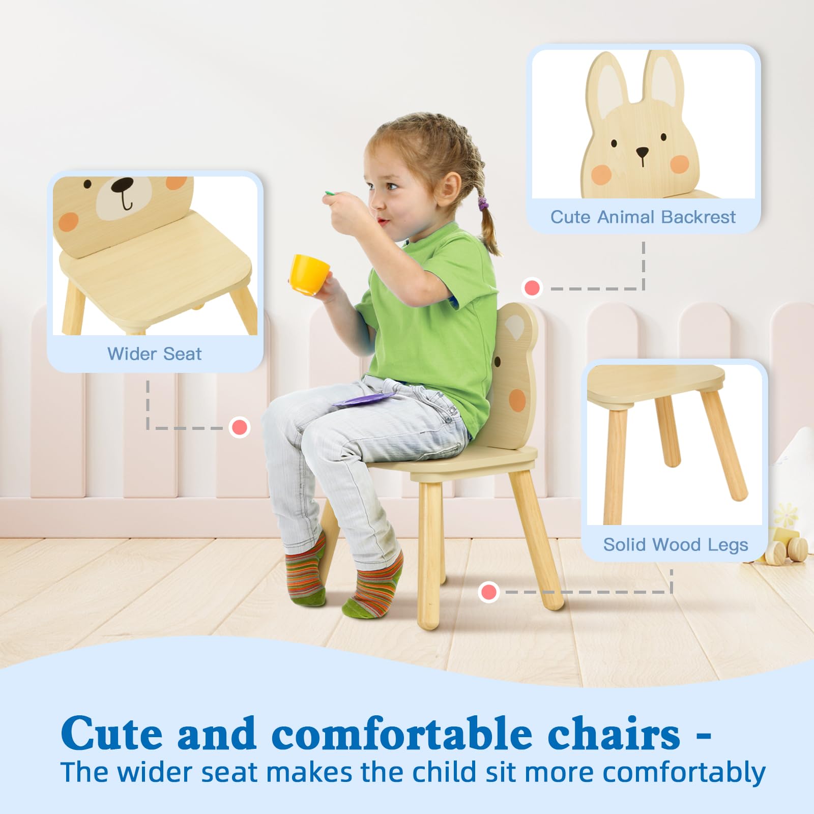 OOOK Kids Wooden Table and Chair Set with 2 Animal Chairs - Waterproof Toddler Table for Eating, Snacking & Playtime - Perfect for Preschool Learning, Tea Parties & Arts & Crafts Activities