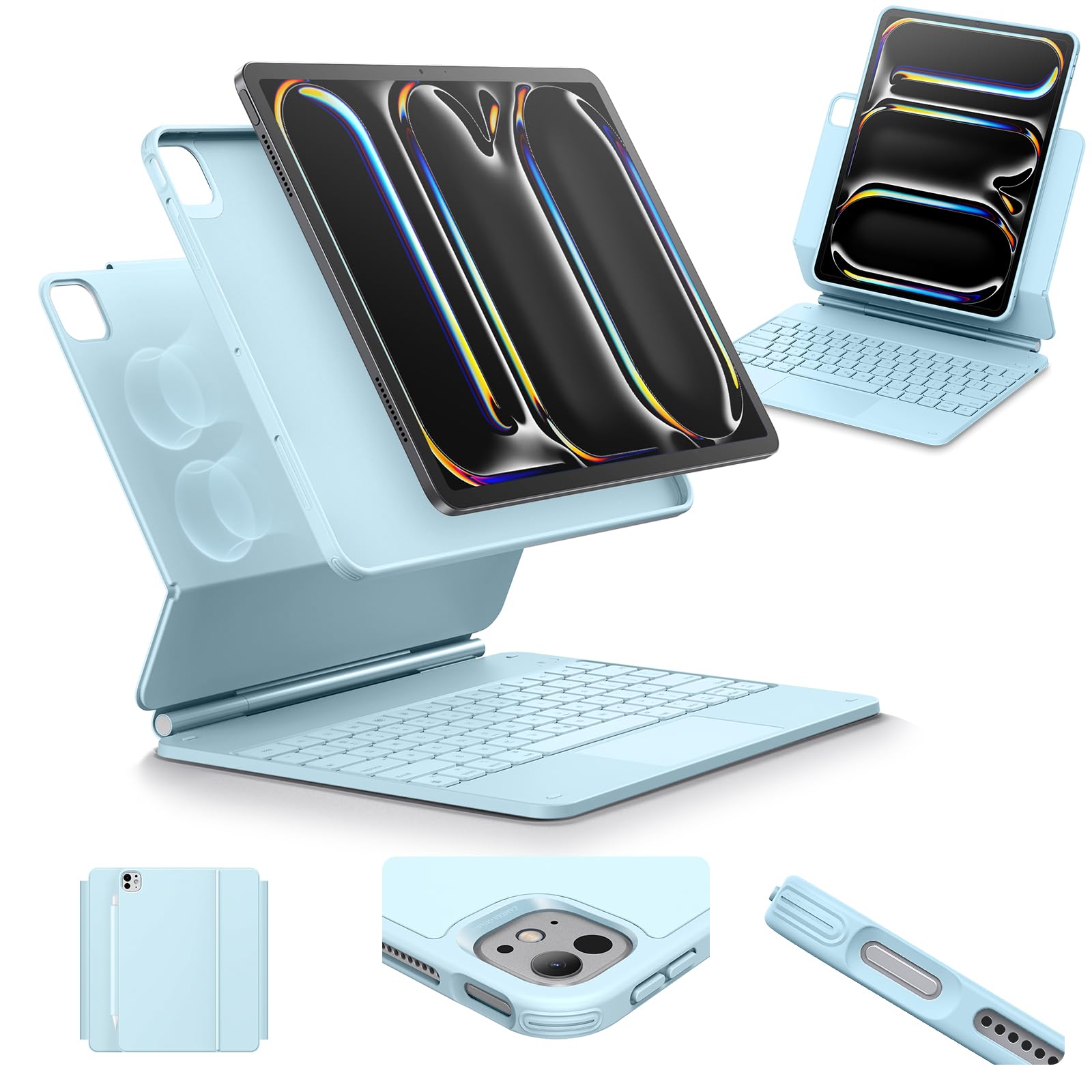ESR iPad Pro 13 Inch Keyboard Case (M4, 2024) - Magnetic Stand with Easy-Set Portrait & Raised Modes | Rebound 360 Series | Removable Protective Cover | Blue | Perfect for Work, Study & Travel