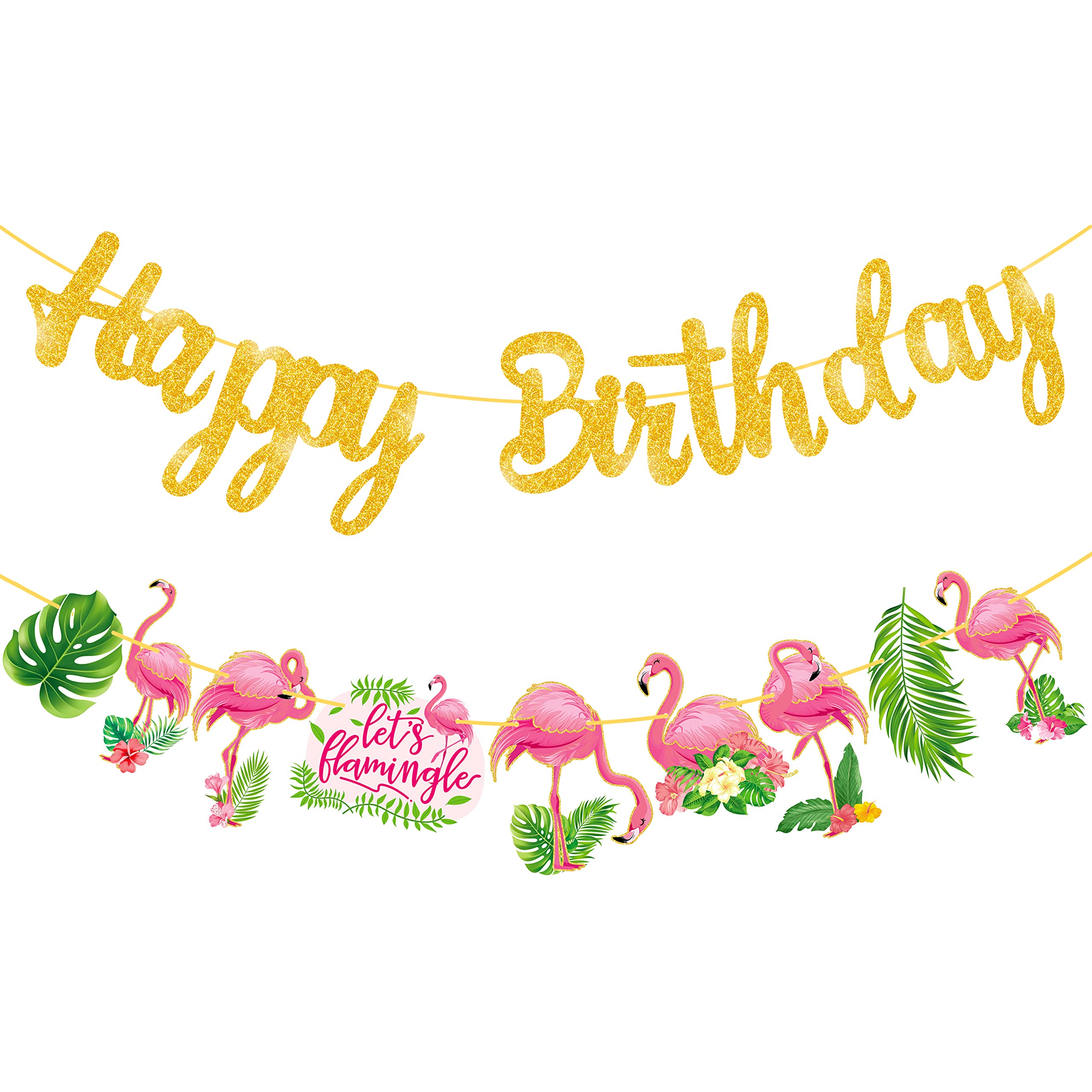 Flamingo Birthday Party Banner - Gold Glitter Happy Birthday Decor for Tropical Luau & Hawaii Theme Party Supplies | Perfect for Beach, Poolside & Summer Birthday Celebrations