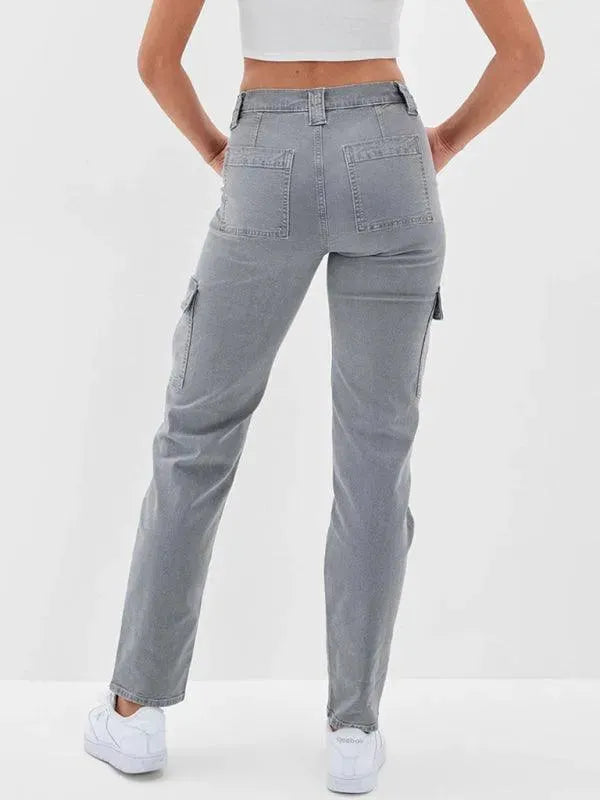 Washed Women's Cargo Denim Jeans - Stylish & Comfortable High-Waisted Pants for Casual Wear, Outdoor Adventures & Street Fashion