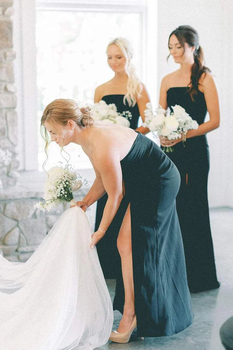 Elegant Black Satin Strapless Mermaid Bridesmaid Dress with High Slit - Perfect for Weddings, Prom, and Formal Evening Events