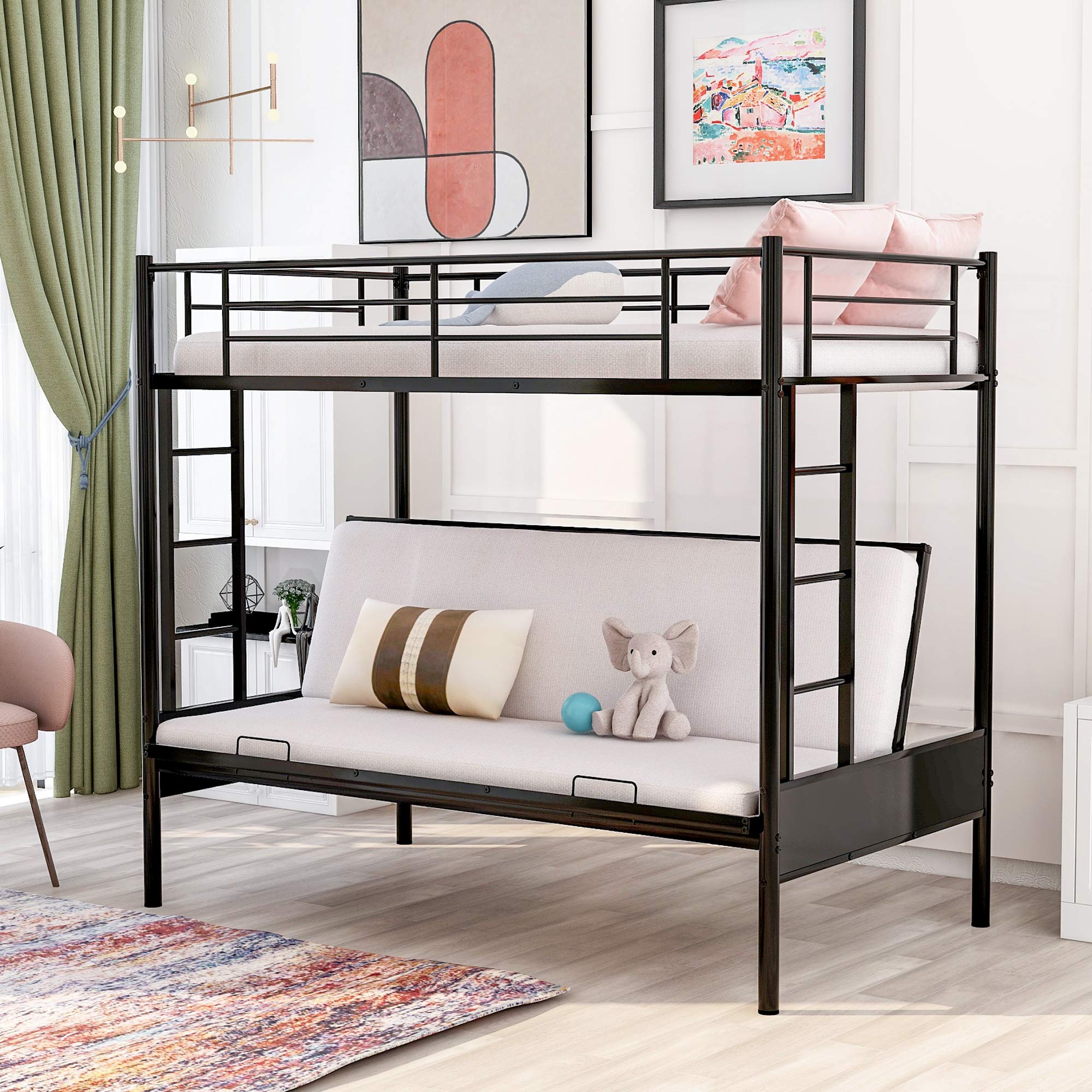 Convertible Metal Bunk Bed - Twin Over Full with Ladders & Guardrail for Kids' Bedroom