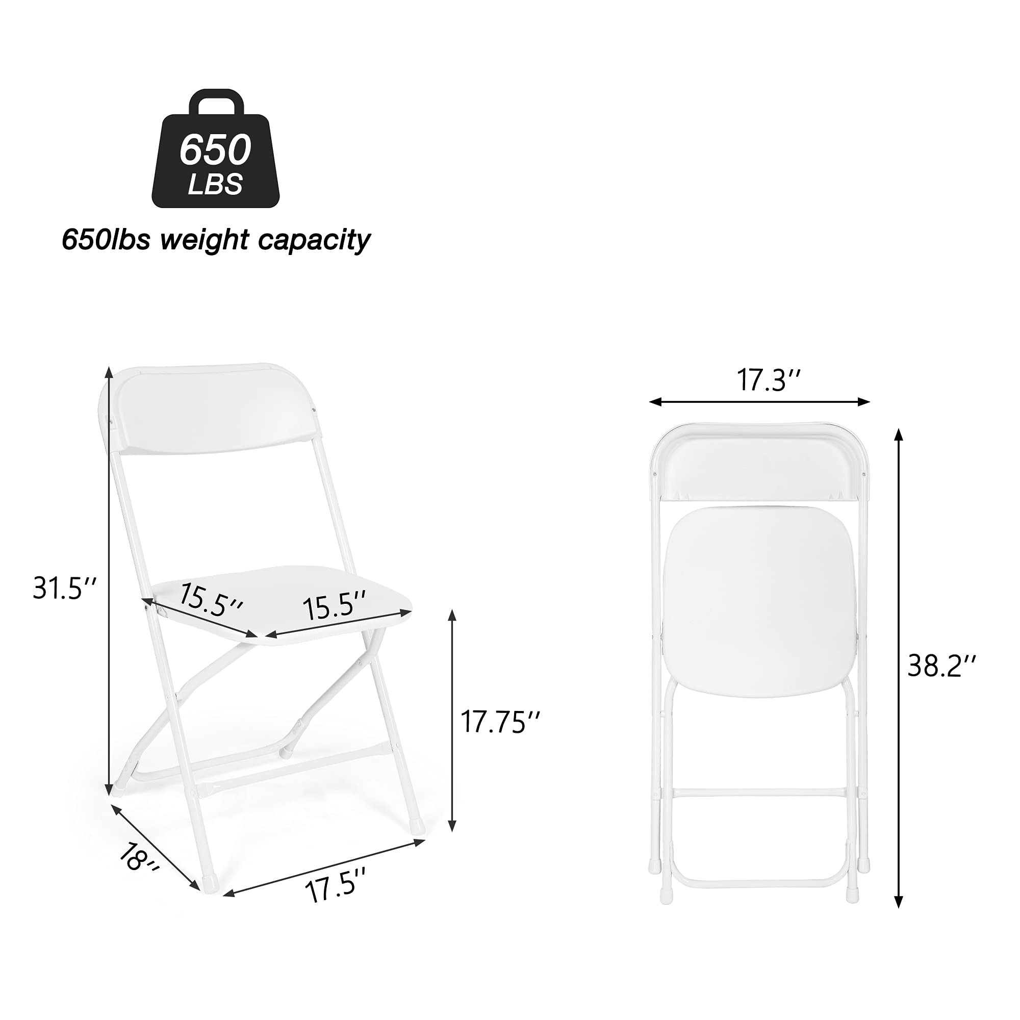 6-Pack White Plastic Folding Chairs - Stackable Lightweight Outdoor Party Chairs for Wedding, Event, Office, Meeting & Home Use - 650 lbs Weight Capacity - Perfect for Backyard BBQs, Picnics, Banquets & Indoor Gatherings