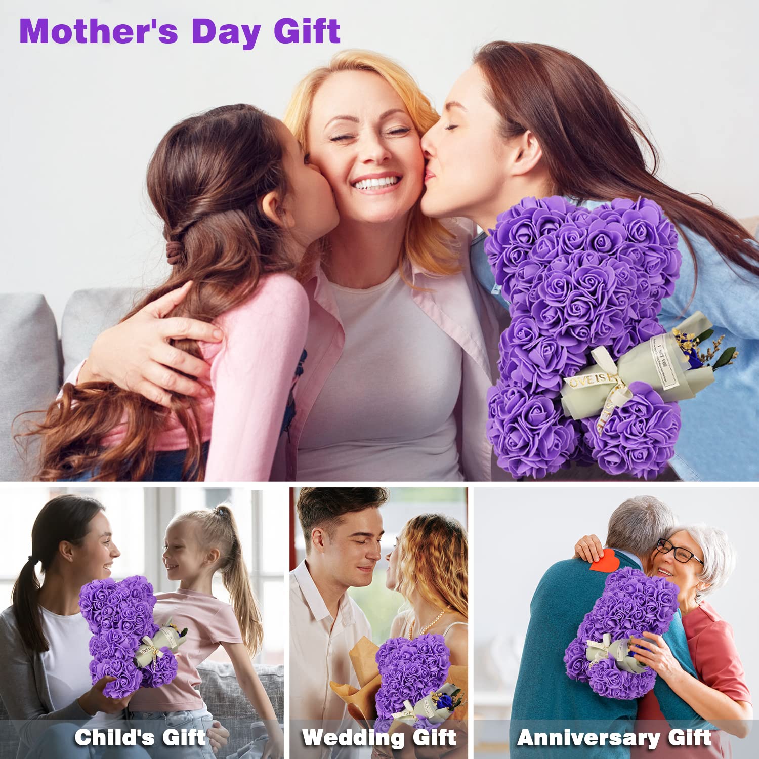 Purple Rose Bear Gift Set - Artificial Rose Teddy Bear with Bouquet & Greeting Card for Mother's Day, Birthday, Anniversary | Perfect Gift for Women, Wife, Mom, Grandma | Home Decor, Wedding Centerpiece, Romantic Present