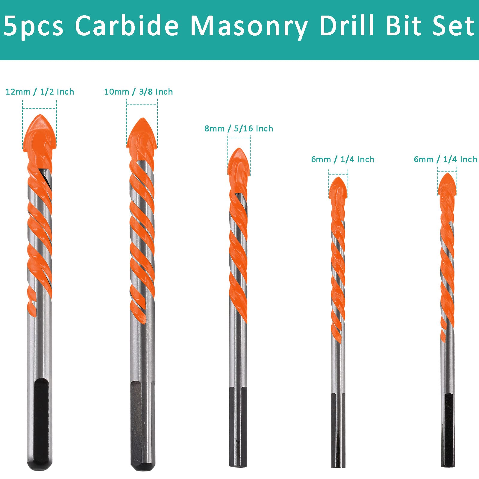 5pcs Carbide Masonry Drill Bit Set for Concrete, Tile, Brick & Wood - 1/4-1/2 Inch Orange Triangle Drill Bits for Porcelain, Glass, Plastic & Ceramic Pots - Perfect for DIY Home Projects & Professional Construction Work