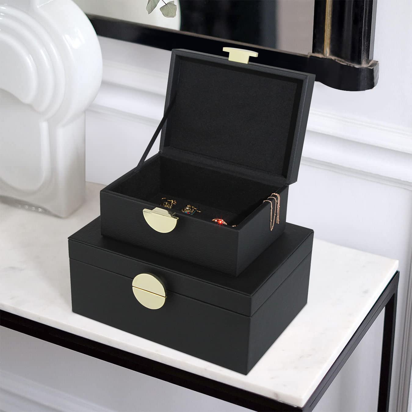 HofferRuffer Faux Leather Jewelry Organizer Box Set of 2 - Black Vegan Leather Storage Case with Gold Hardware for Necklaces, Rings & Earrings - Perfect for Bedroom Dresser, Vanity Table & Travel Accessories
