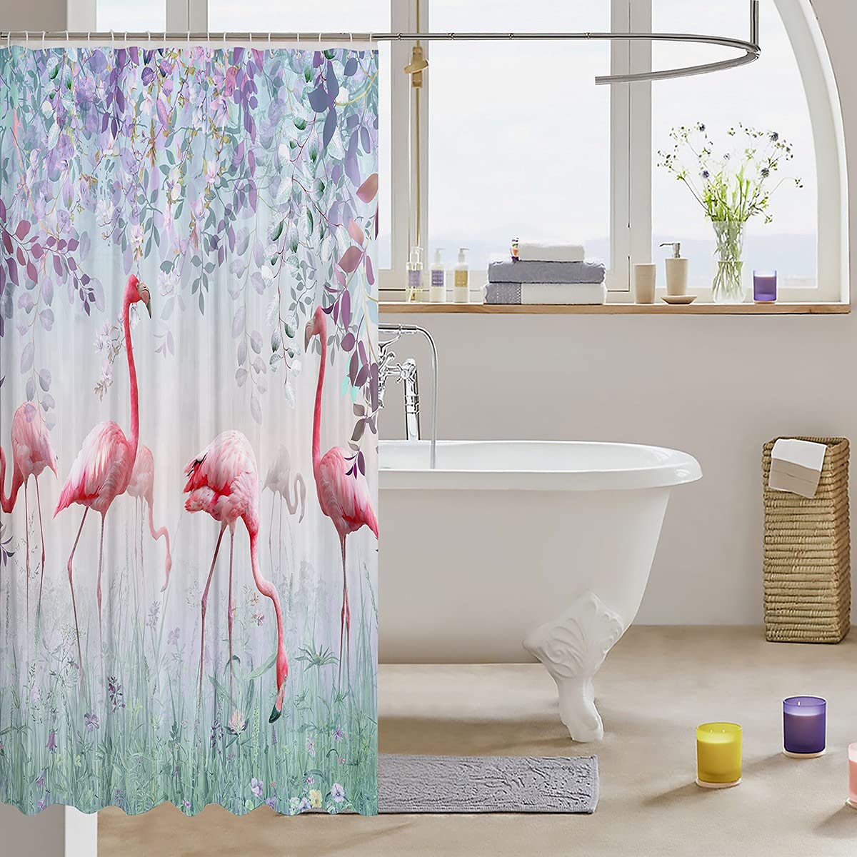 Pink Flamingo Shower Curtain with Tropical Leaves - Waterproof Polyester Bathroom Decor for Kids & Adults, 72x72 Inches - Perfect for Bathroom Stalls, Bathtubs, and Beach-Themed Decor