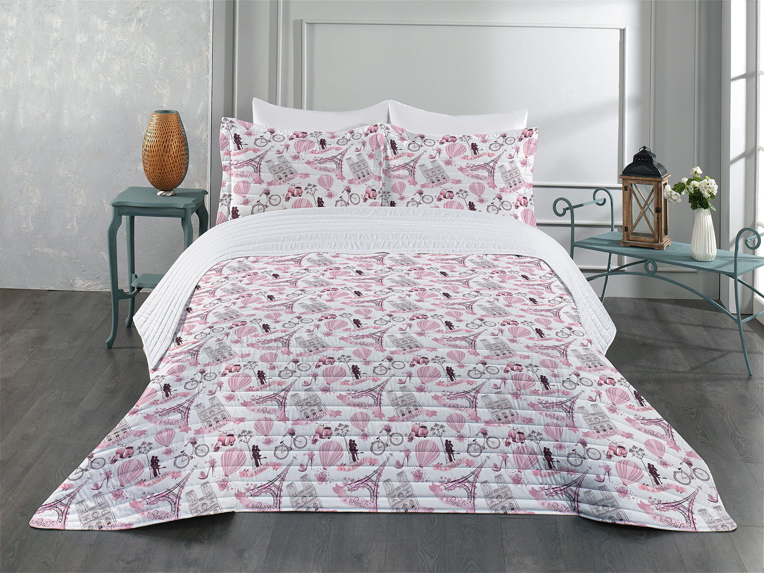 Ambesonne Eiffel Tower Microfiber Bedspread Set - Parisian Love Theme French Bridal Bedding with Pink Blossoms, Queen Size Rose Black White Comforter & Pillow Shams | Romantic Bedroom Decor for Couples, Paris-Themed Guest Room, Wedding Gift Idea