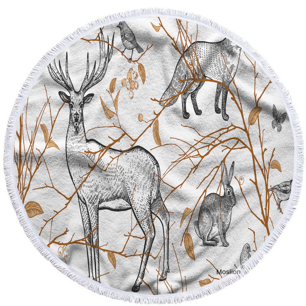 Moslion Oversized Microfiber Beach Towel - 63 Inch Soft Polyester Wildlife Design (Fox, Deer, Hare, Squirrel, Birds) for Pool, Beach, Picnic, Camping & Outdoor Activities