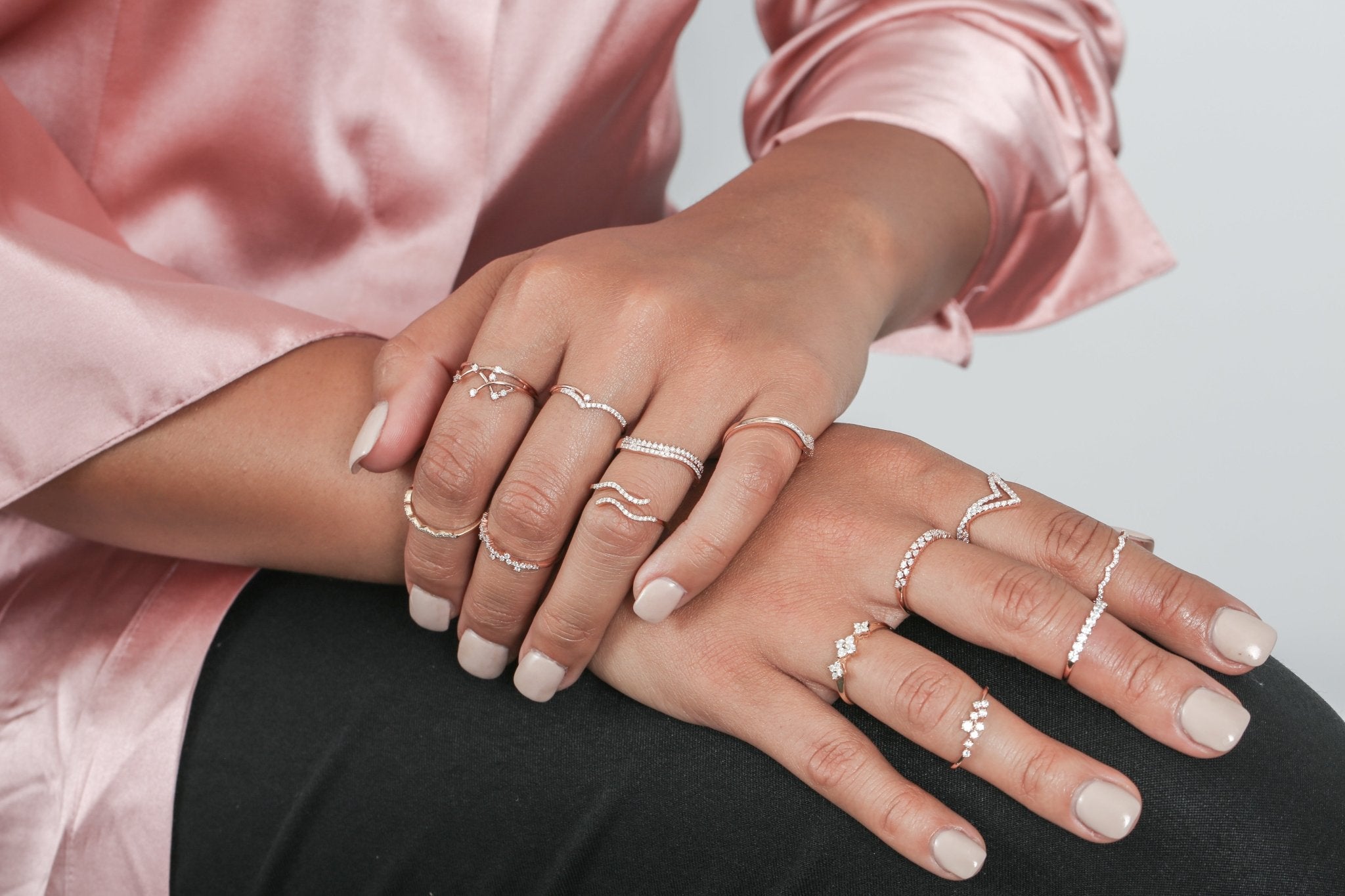 14K Rose Gold Double Row Diamond Band Curved Ring for Women - Elegant Stackable Wedding Ring, Anniversary Gift, or Everyday Jewelry for Special Occasions