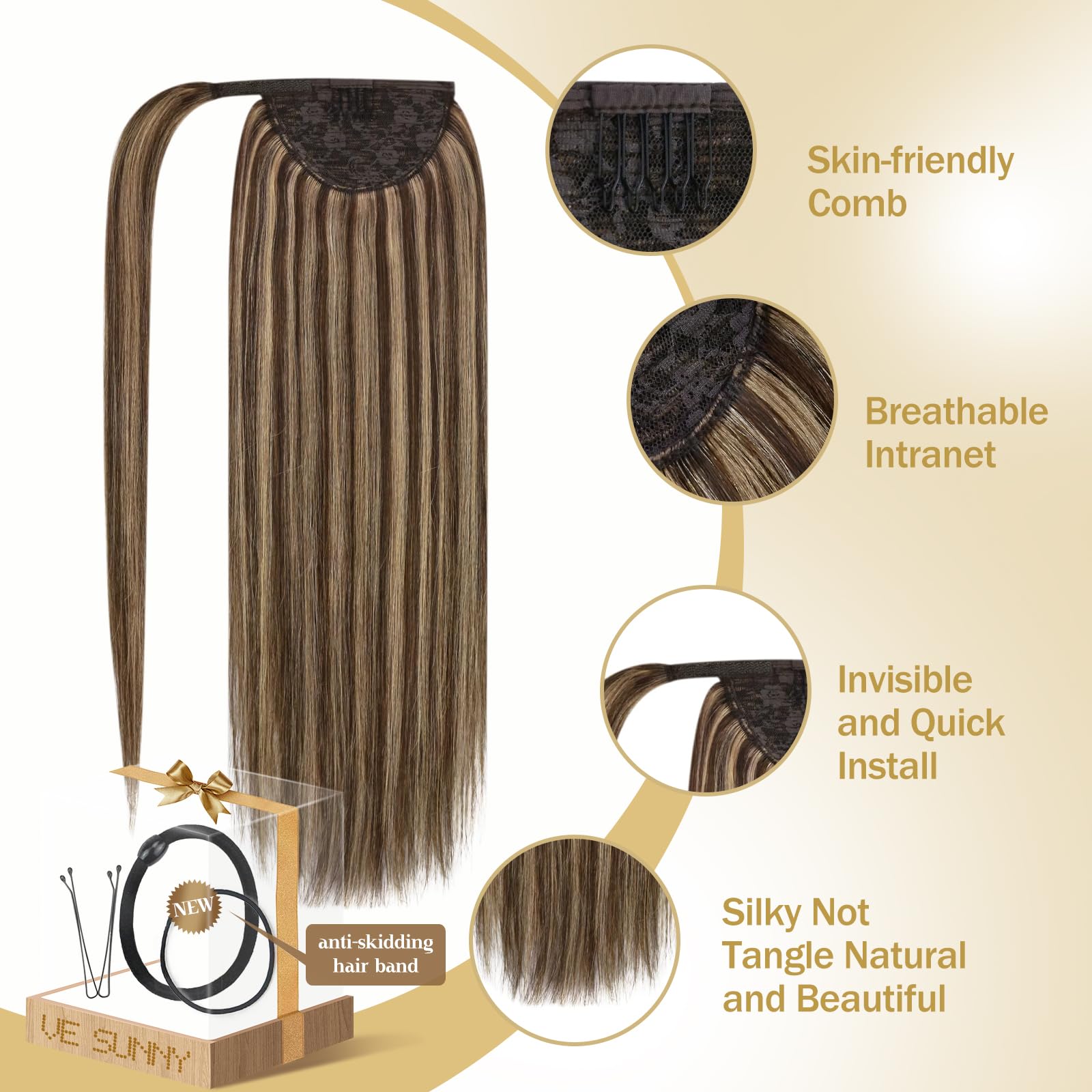 Ve Sunny Real Human Hair Ponytail Extension - 22inch Dark Brown with Platinum Blonde Highlights (80g) | Invisible Seamless Clip-in Hair Extension for Daily Wear, Parties & Special Occasions