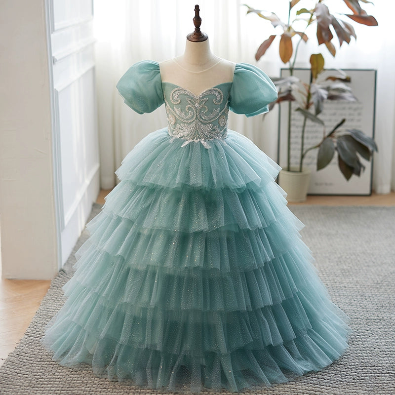 Mint Green Princess Round Floor Length Tulle Flower Girl Dress for Weddings, Baptisms & Special Occasions