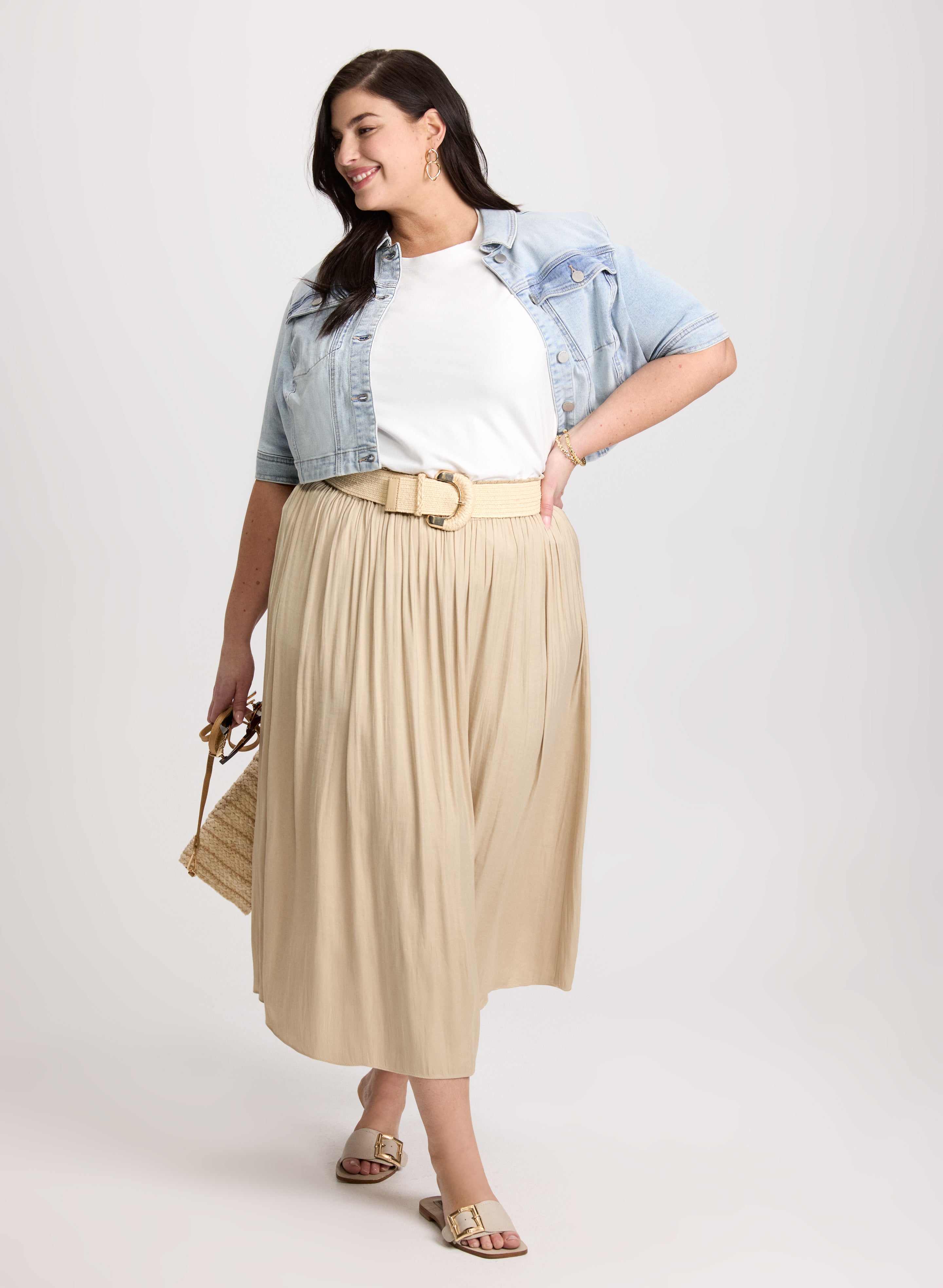 Cropped Denim Jacket & Smocked Waist Satin Maxi Skirt Set - Women's Vintage High Waisted Skirt and Short Denim Jacket Outfit for Casual Wear, Date Night & Summer Fashion