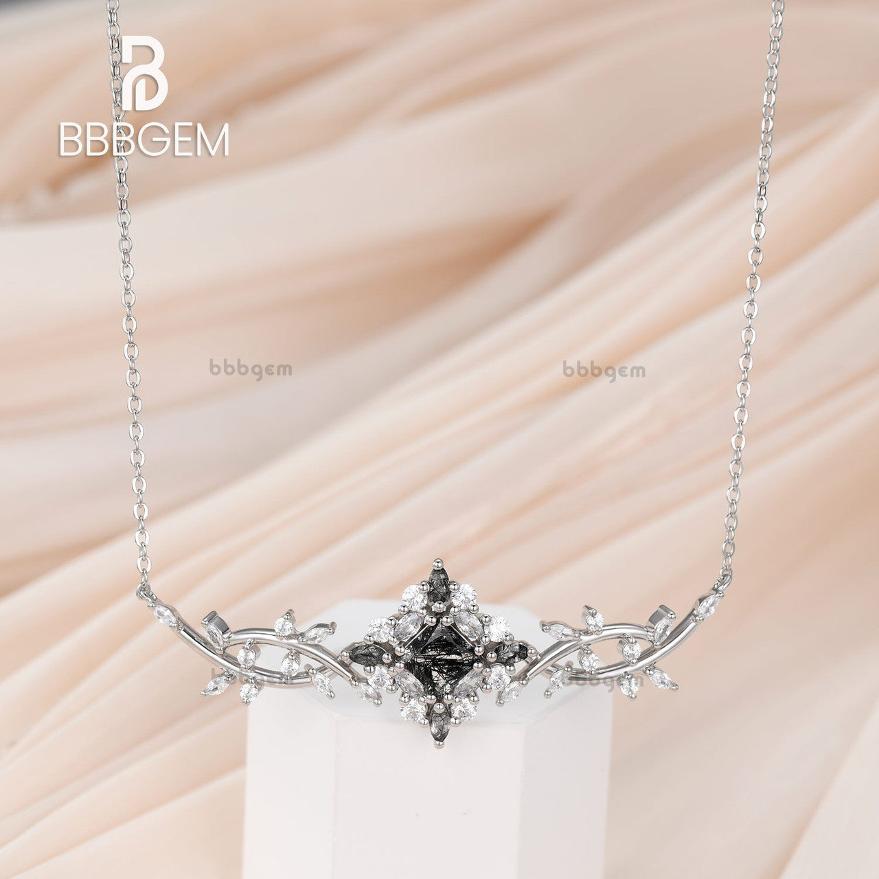 14K Gold Black Rutilated Quartz Moissanite Princess Necklace for Women - Elegant Filigree Art Jewelry Gift for Anniversary, Birthday & Special Occasions