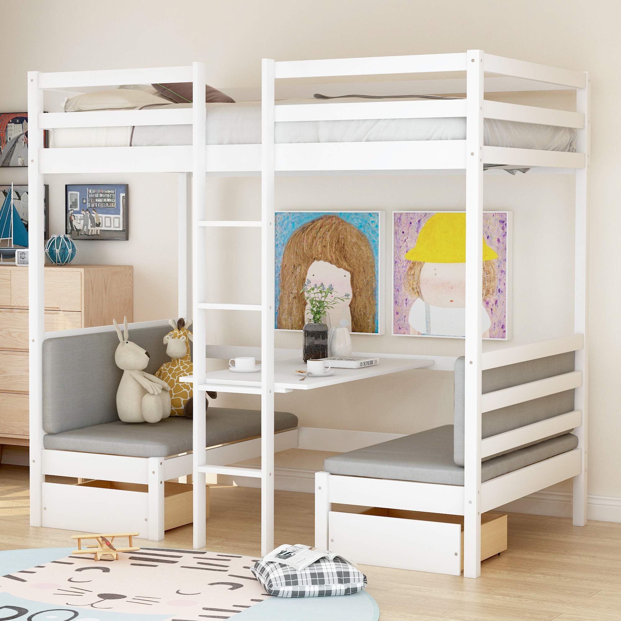 MOEO Twin Size Functional Loft Bed with 2 Drawers - Convertible Twin Bed Frame to Upper Bunk & Lower Desk - Includes Free Cushion Set - No Box Spring Needed - Perfect for Small Bedrooms, College Dorms & Adult Spaces - White