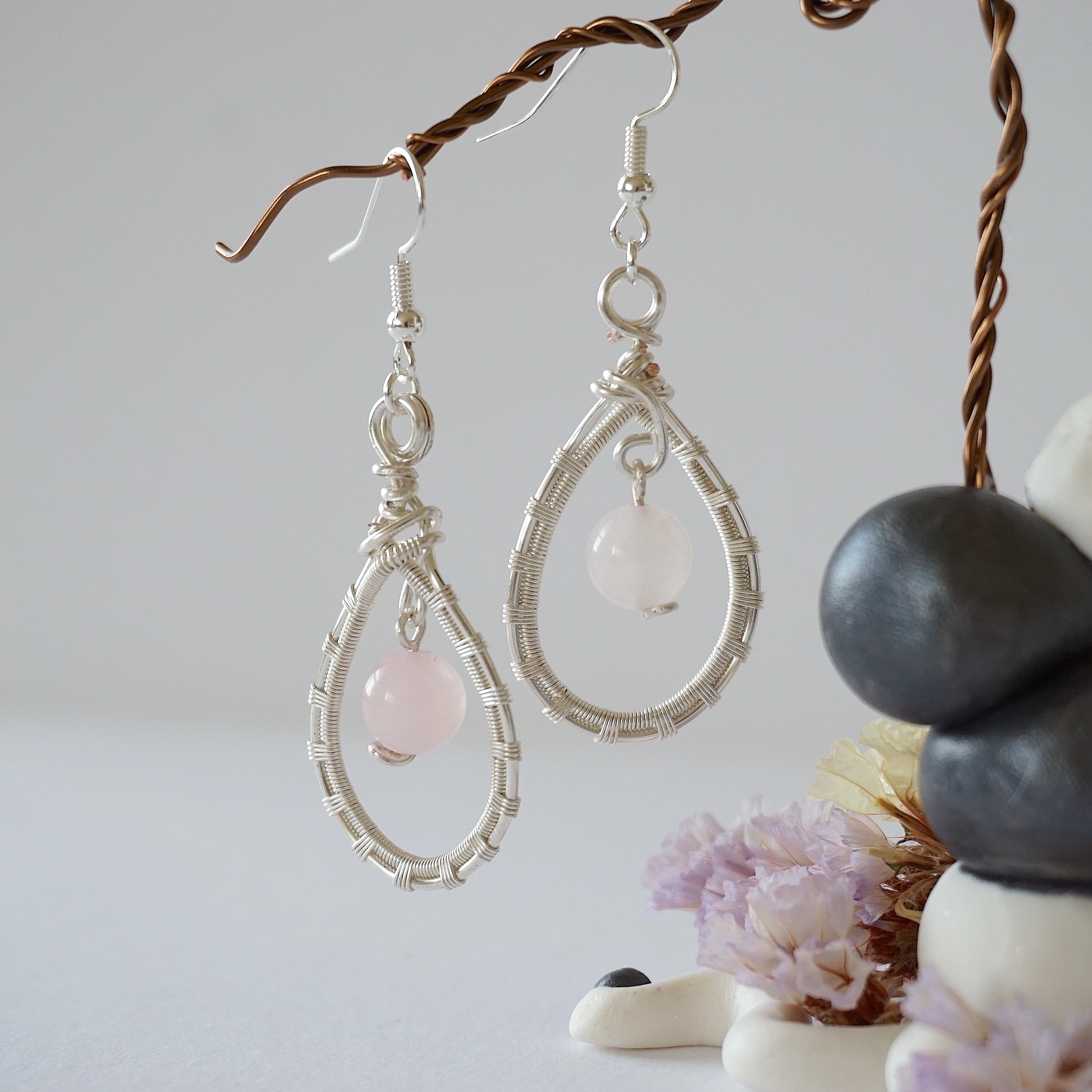 Rose Quartz Round Wire Earrings - Silver Plated Dangle Earrings for Women, Healing Crystal Jewelry Gift for Her | Boho Chic, Meditation, Yoga, Everyday Wear
