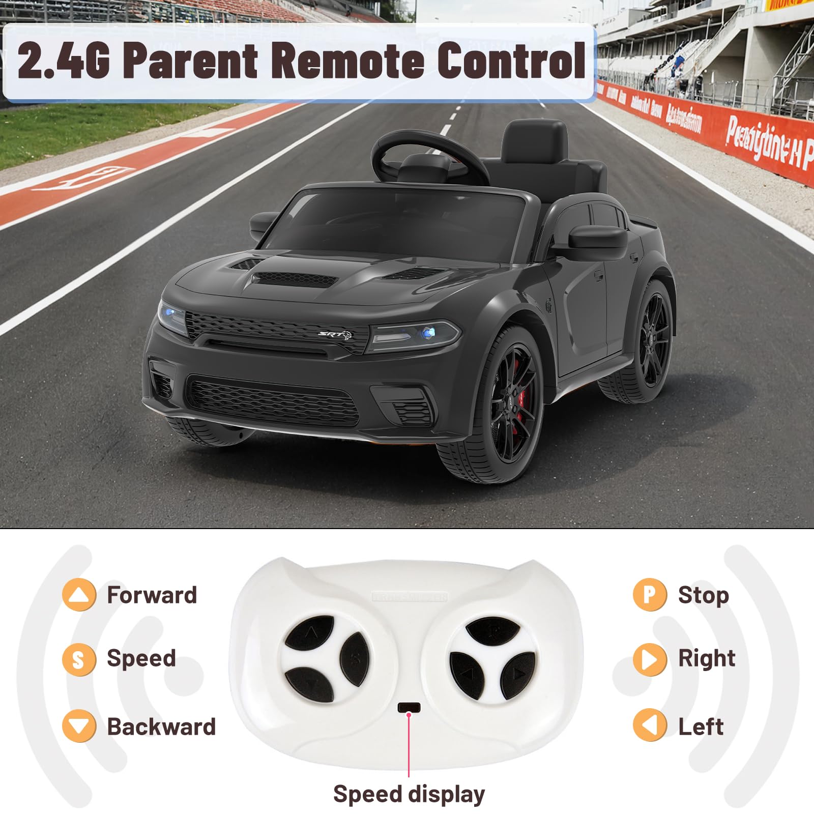 12V Licensed Dodge Charger Kids Electric Ride-On Car with Remote Control - 3 Speed, Suspension System, LED Lights, MP3 & Bluetooth - Black - Perfect for Birthday Gifts, Outdoor Play & Backyard Fun