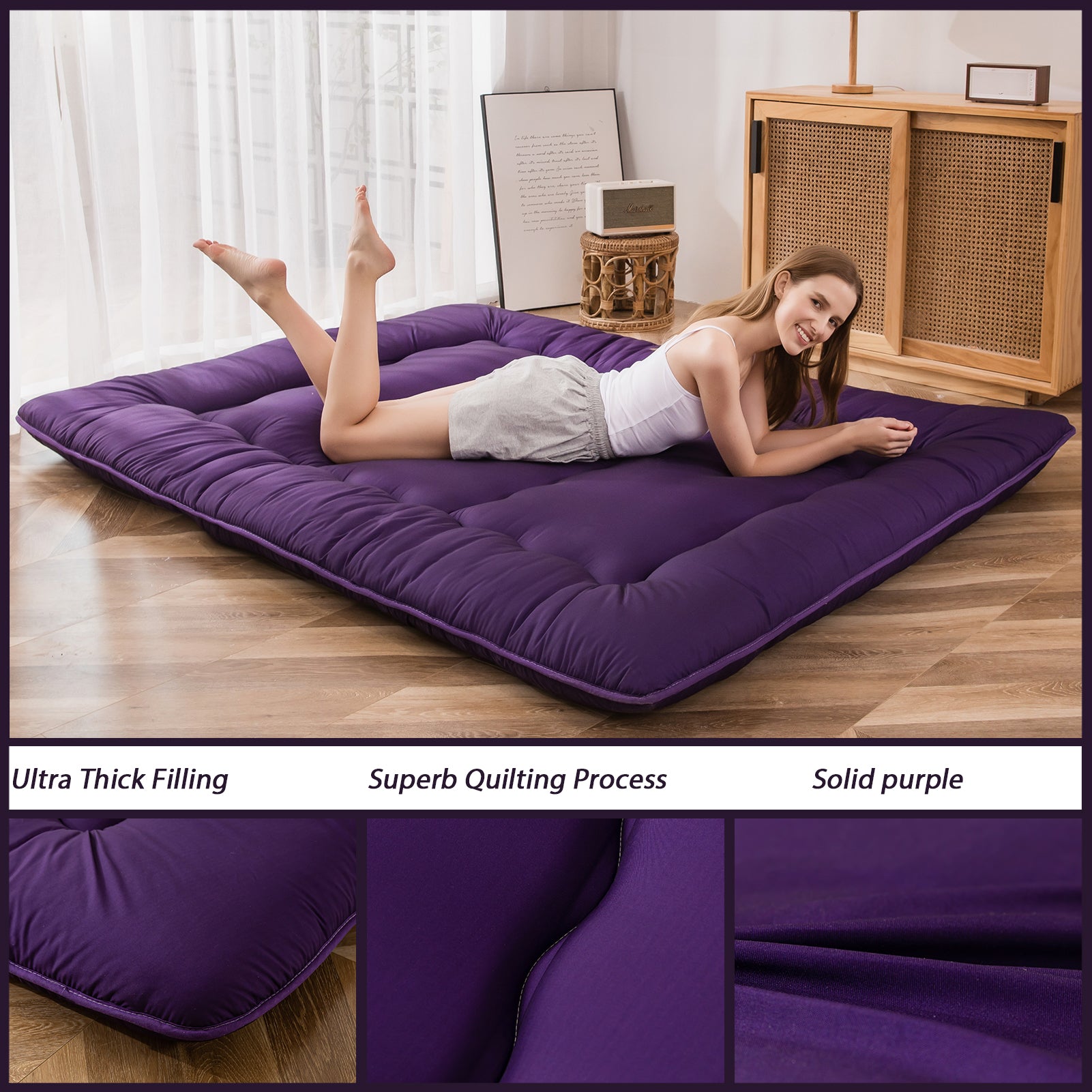 MAXYOYO Japanese Floor Futon Mattress - Dark Purple for Bedroom, Guest Room & Small Space | Comfortable Floor Sleeping Solution for Apartments & Minimalist Living