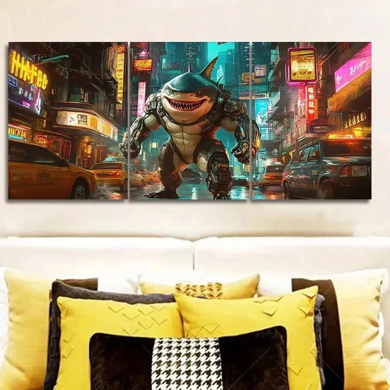 3-Piece Shark Warrior Wall Art Set - Framed Canvas 50x70cm (20x28in) - High Quality Print - 100% Australian Made - Ready to Hang - Perfect for Living Room, Bedroom, or Office Decor