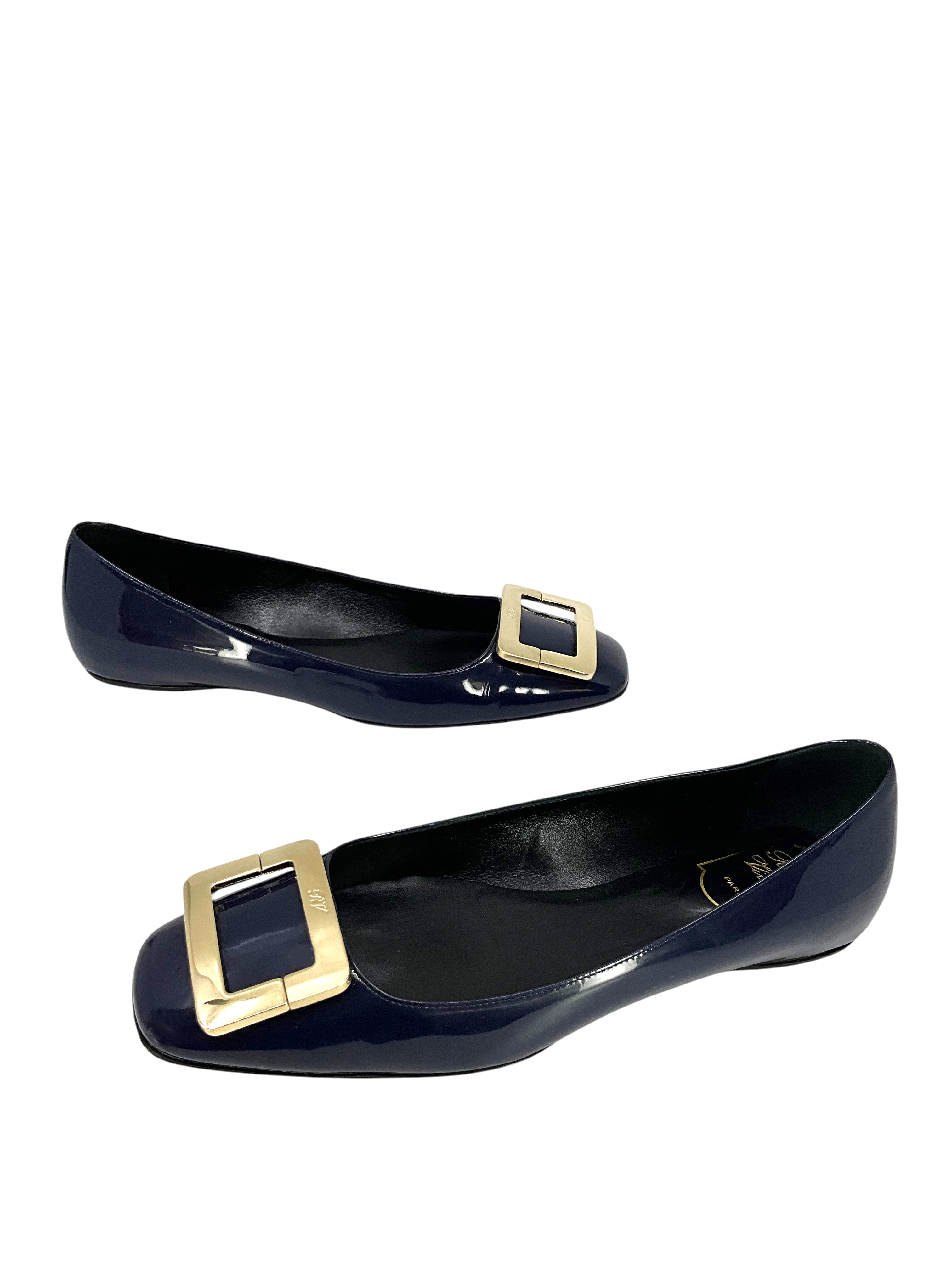 Roger Vivier Belle Vivier Patent Leather Flats - Women's Size 10 US | Classic Pointed Toe Ballet Shoes for Work, Office & Formal Occasions