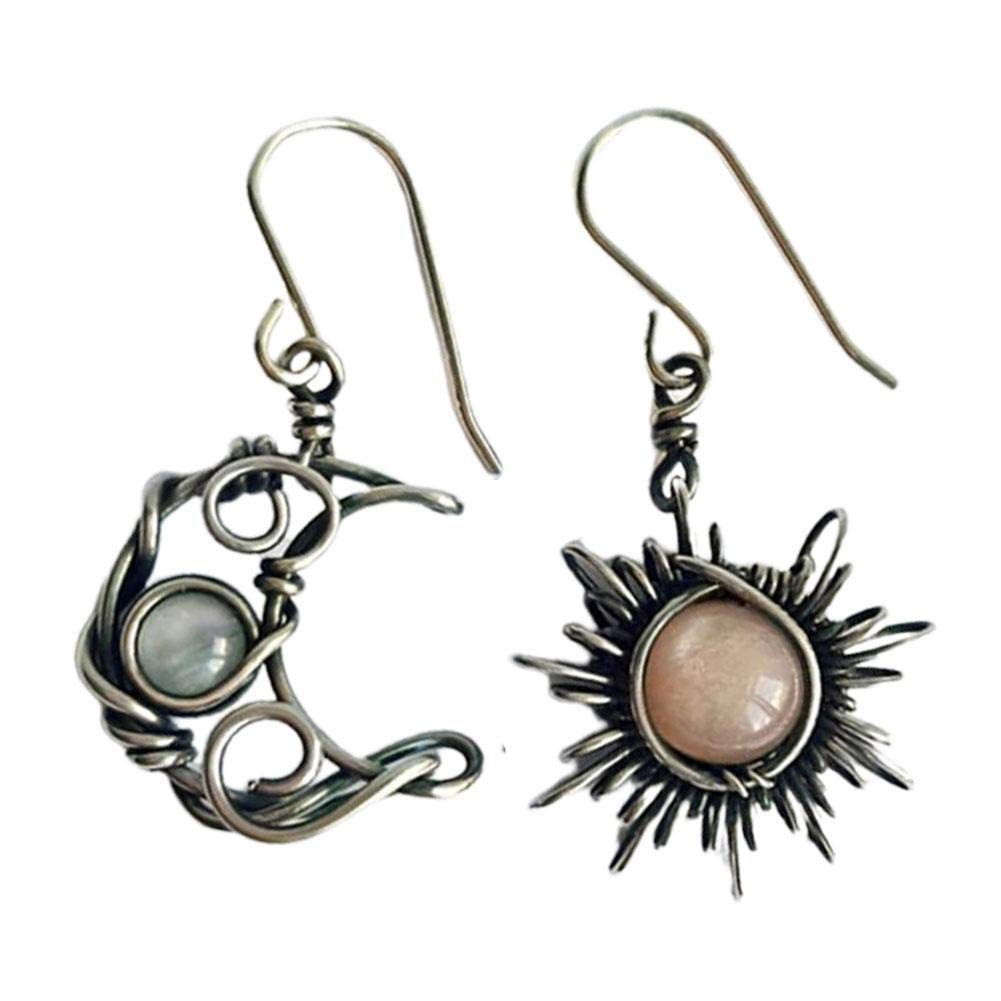 Retro Bohemian Opal Drop Dangle Earrings for Women - Asymmetric Sun and Moon Hollow Pendant Punk Stud Jewelry - Perfect for Parties, Festivals and Everyday Boho Fashion