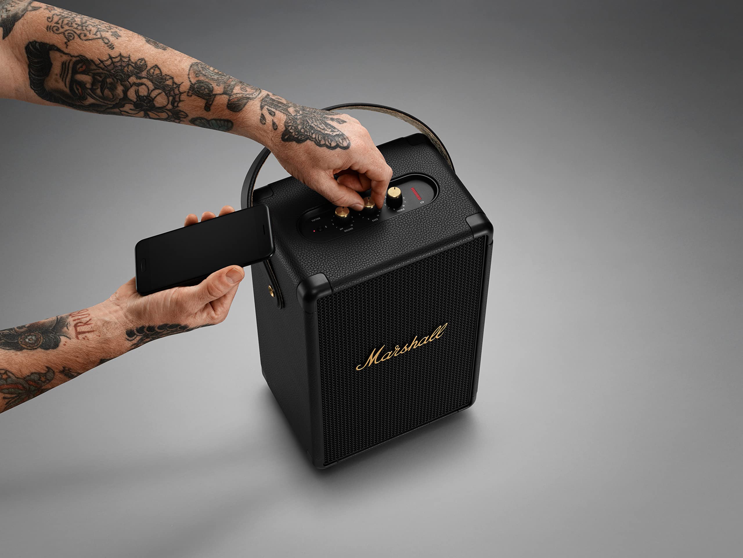 Marshall Tufton Portable Bluetooth Speaker - Wireless Outdoor Speaker with Rich Bass, 20+ Hours Playtime, IPX4 Waterproof, Black & Brass Finish - Perfect for Camping, Beach Parties & Home Entertainment
