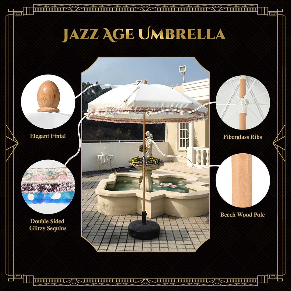 TheLAShop 6 ft 8 Rib Wood Market Umbrella with Tilt & Fringe - Outdoor Patio, Garden, Restaurant, Beach Umbrella (5-10 Year Warranty) for Shade & Style