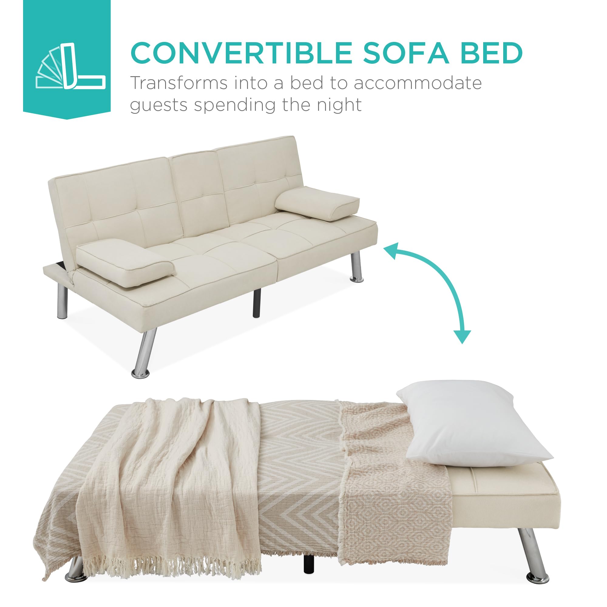 Best Choice Products Modern Folding Futon Sofa Bed - Reclining Linen Convertible Couch with Removable Armrests & 2 Cupholders - Ivory - Perfect for Small Apartments, Dorm Rooms & Guest Rooms