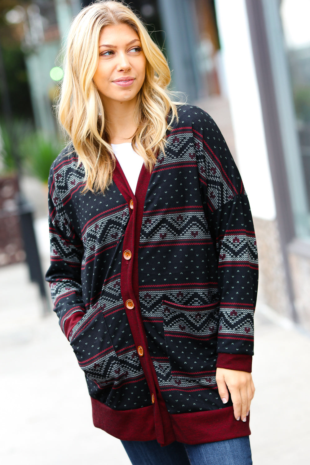 Classic Burgundy Holiday Print Button Cardigan for Women - Cozy Christmas Sweater for Holiday Parties & Family Gatherings