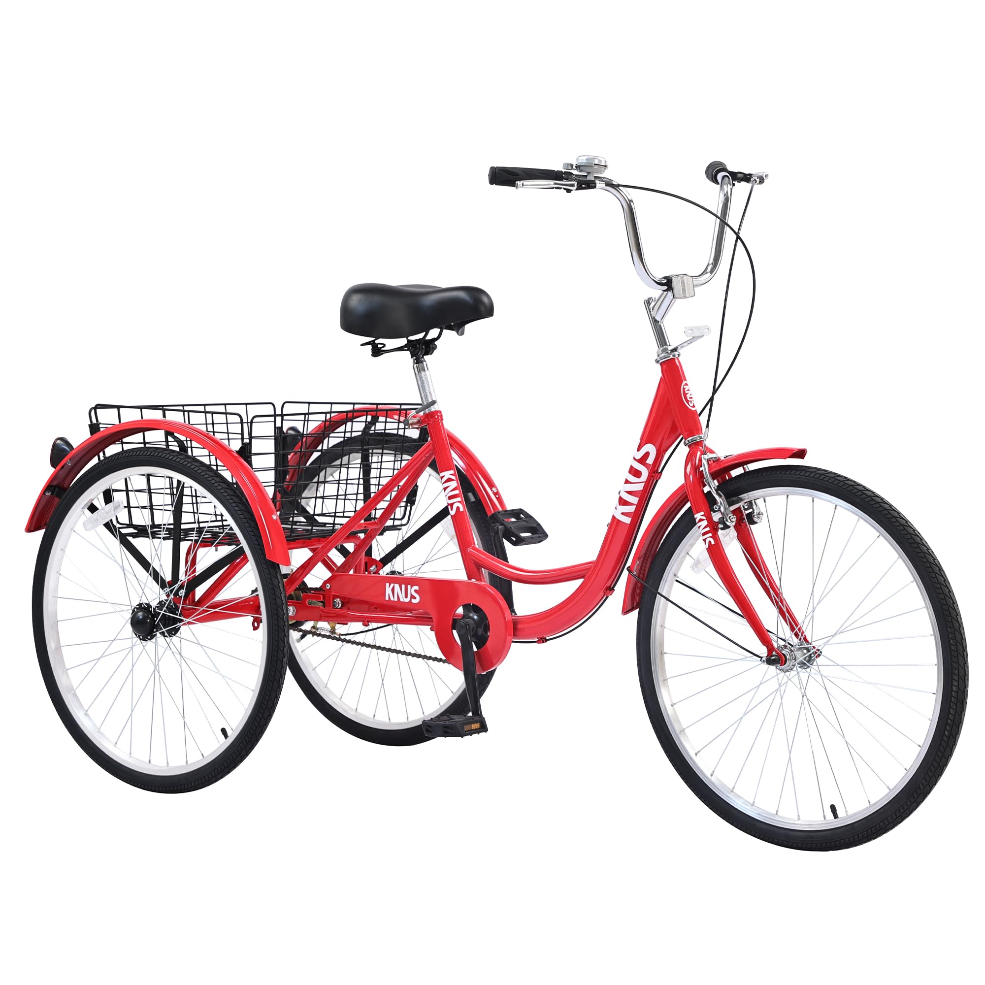 KNUS Adult Single Speed Cargo Tricycle - 24 Inch 3 Wheel Beach Cruiser Bike with Large Shopping Basket for Seniors, Women & Men - Perfect for Grocery Shopping, Pet Transportation & Beach Rides