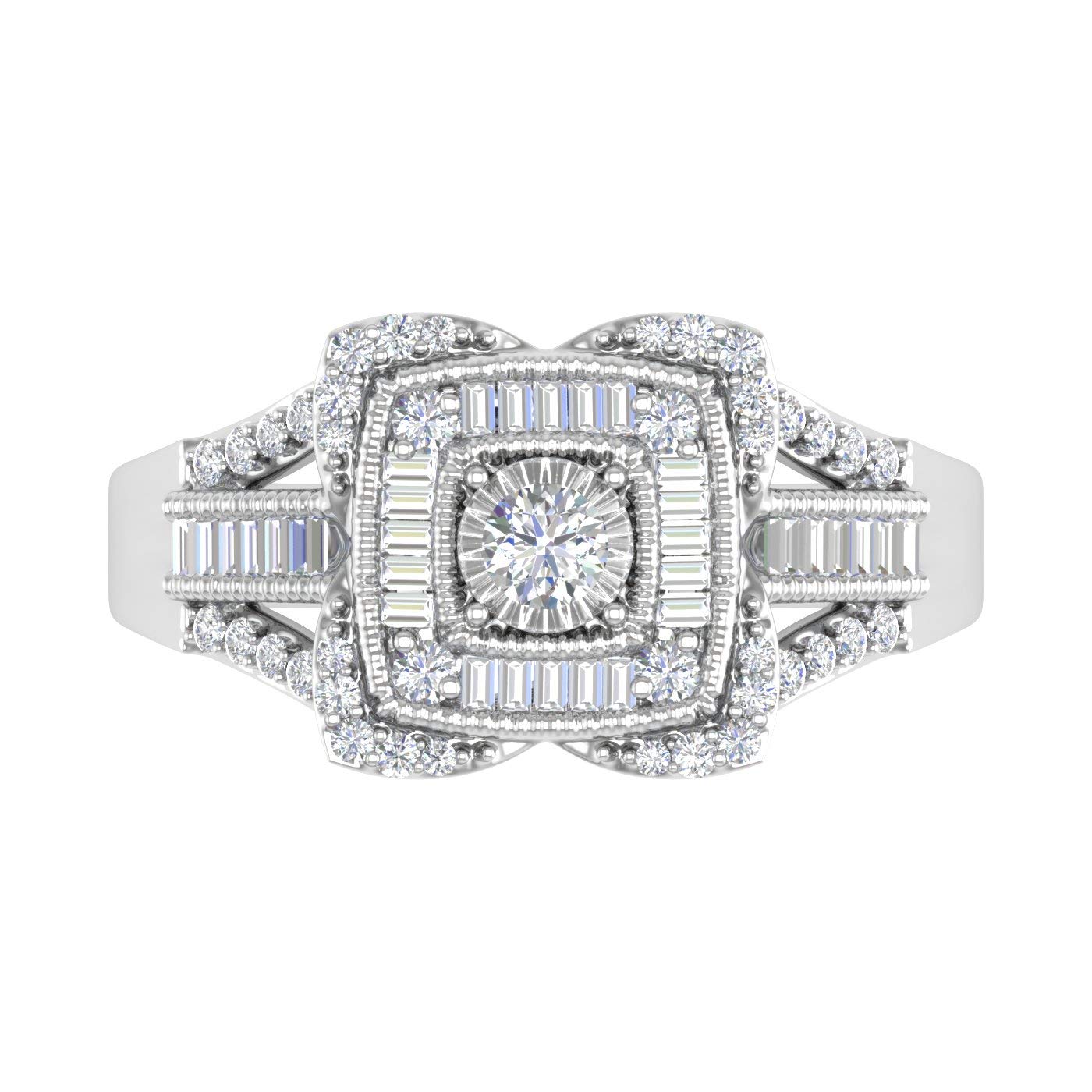1/2 Carat Round & Baguette Diamond Halo Engagement Ring in 10K Gold - Elegant Cushion Shape for Wedding, Anniversary & Special Occasions