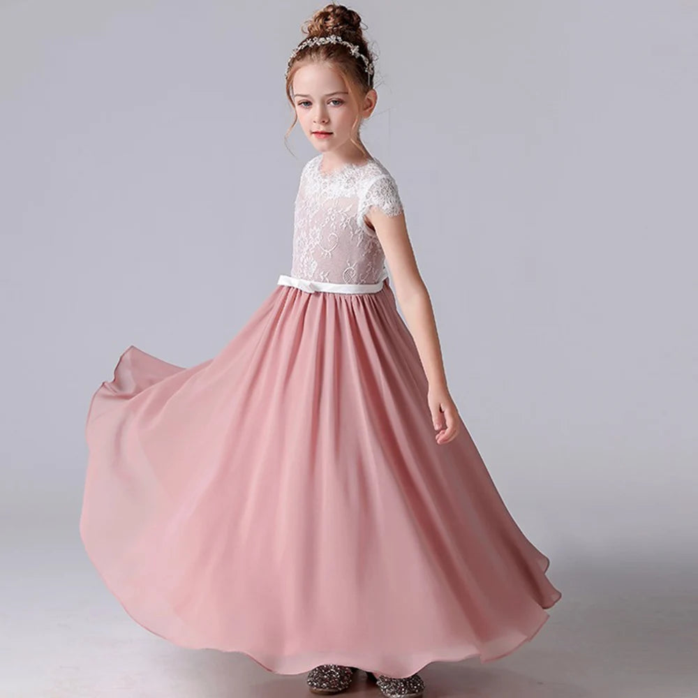 Lace Chiffon Junior Bridesmaid Dress with Short Sleeves - Girls Party Gown for Weddings, Prom, Formal Events & Special Occasions