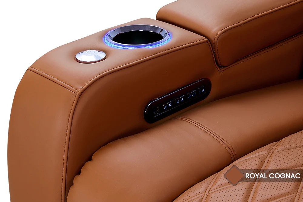 Valencia 2025 Tuscany Luxury Leather Home Theater Seating Set - 4 Seater Loveseat with Center Console in Royal Cognac Brown | Premium Home Cinema Furniture for Movie Nights & Entertainment Rooms