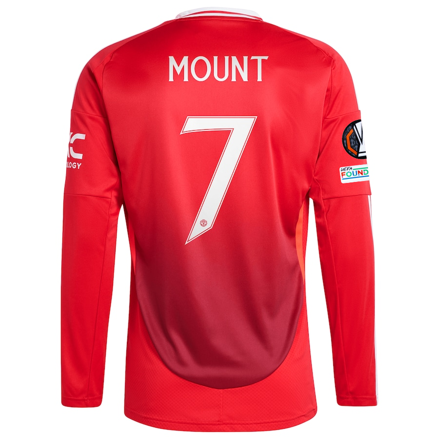 Adidas Manchester United Mason Mount Long Sleeve Home Jersey 2024-2025 with Europa League Patches - Official Red Soccer Jersey for Fans & Players - Perfect for Matchdays, Training & Collecting