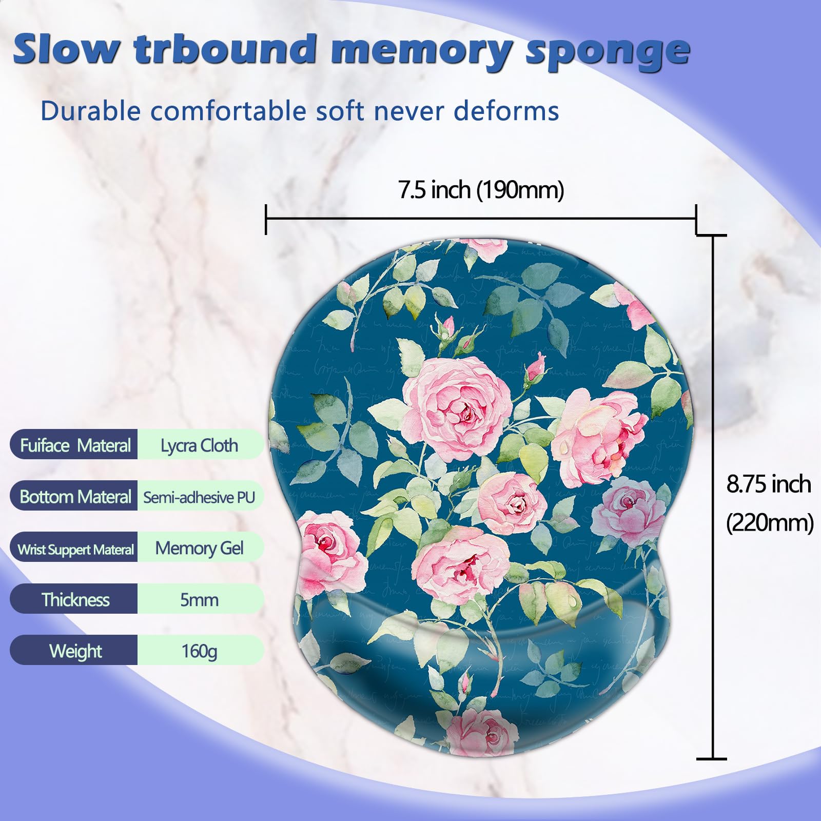 Ergonomic Non-Slip Wrist Mouse Pad with Gel Support - 8.7 x 7.5 Inches Comfortable Gaming Mouse Mat for Computer, Laptop, Office & Home Use - Perfect for Long Work Hours and Gaming Sessions (Romantic Rose)
