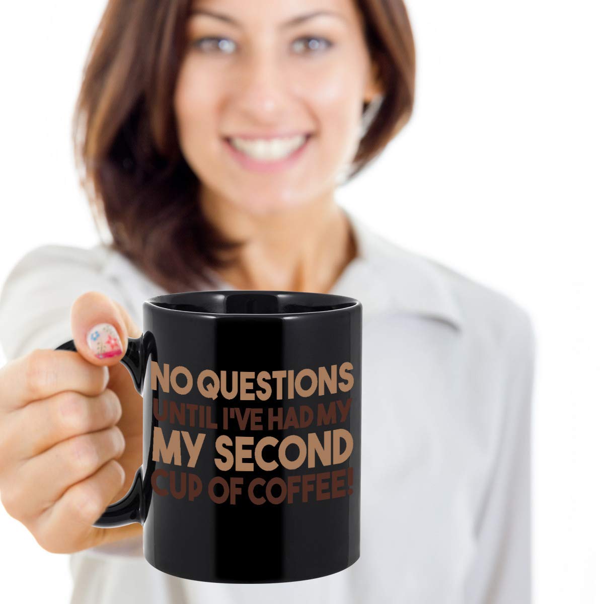 Zapbest Funny Coffee Mug - 'No Question Until I've Had My Second Cup' 11oz Black Porcelain Cup - Perfect Gift for Coffee Lovers, Office Humor & Morning Motivation