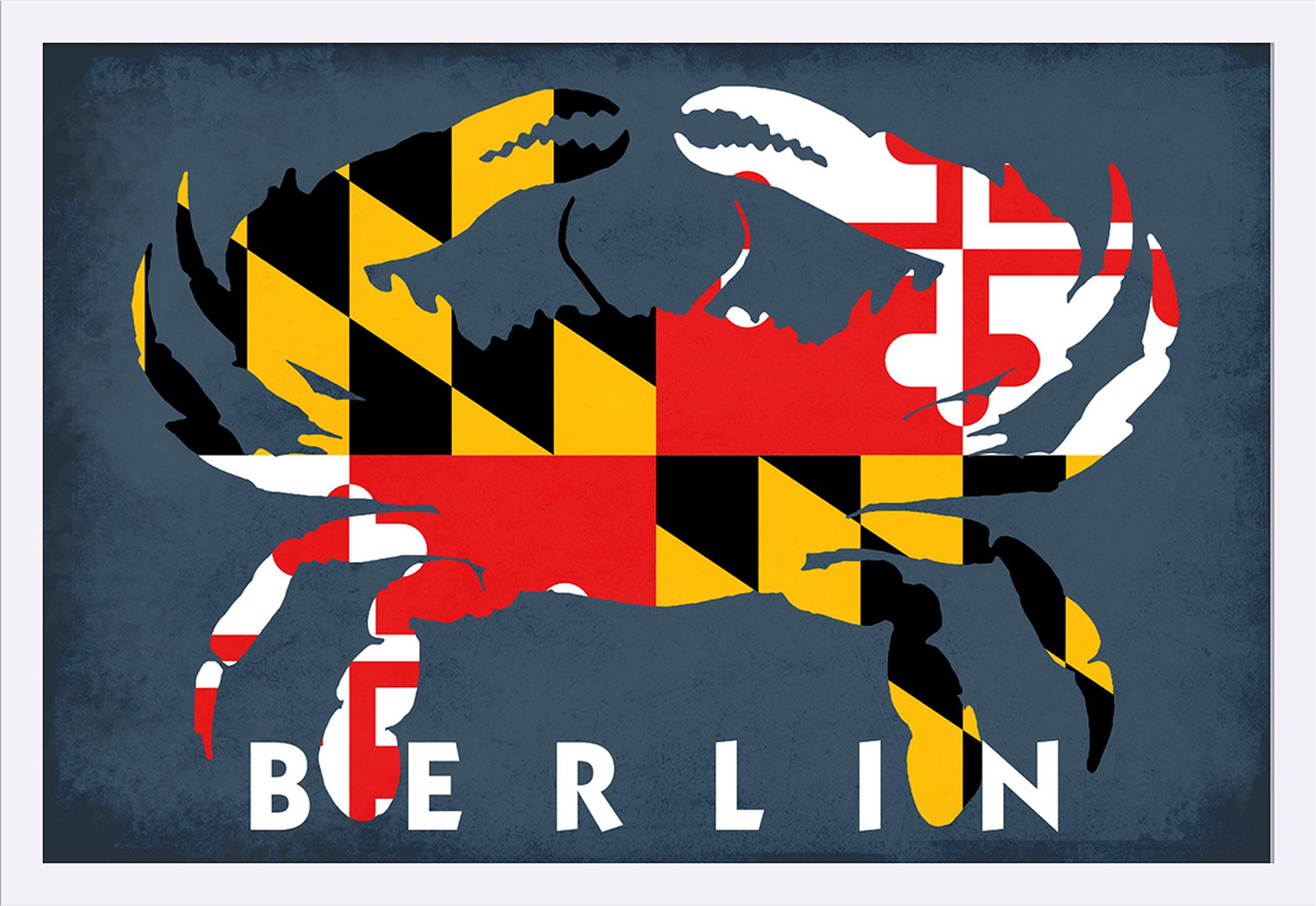 Berlin Maryland Crab Flag 36x24 Giclee Art Print - Gallery Framed White Wood Wall Decor - Perfect for Coastal Home, Office & Nautical Themed Spaces