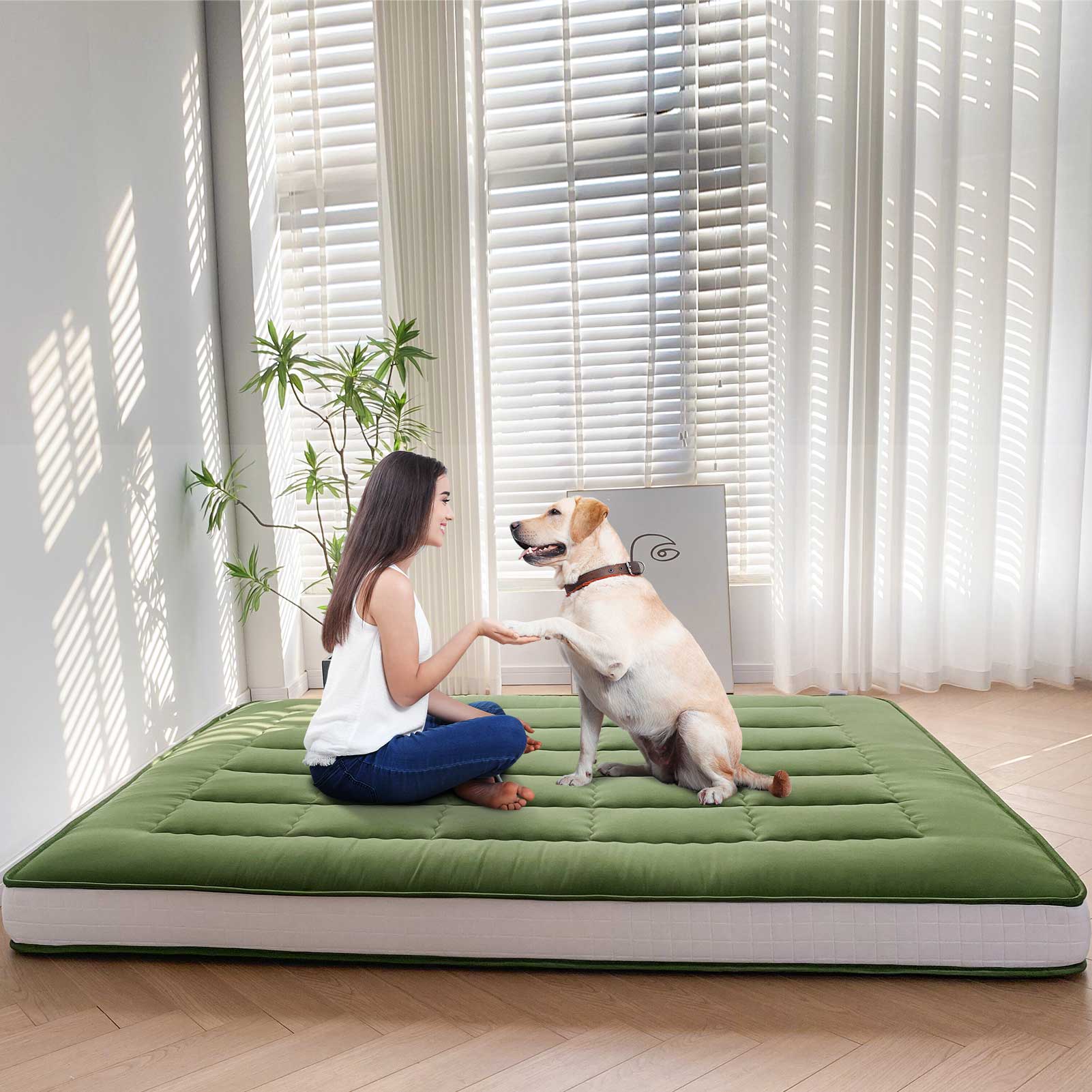 MAXYOYO 6-Inch Extra Thick Japanese Floor Futon Mattress - Premium Diamond Quilting Design for Bedroom, Guest Room & Small Spaces - Green (Queen Size) | Ideal for Apartments, Dorms, Sleepovers & Minimalist Living